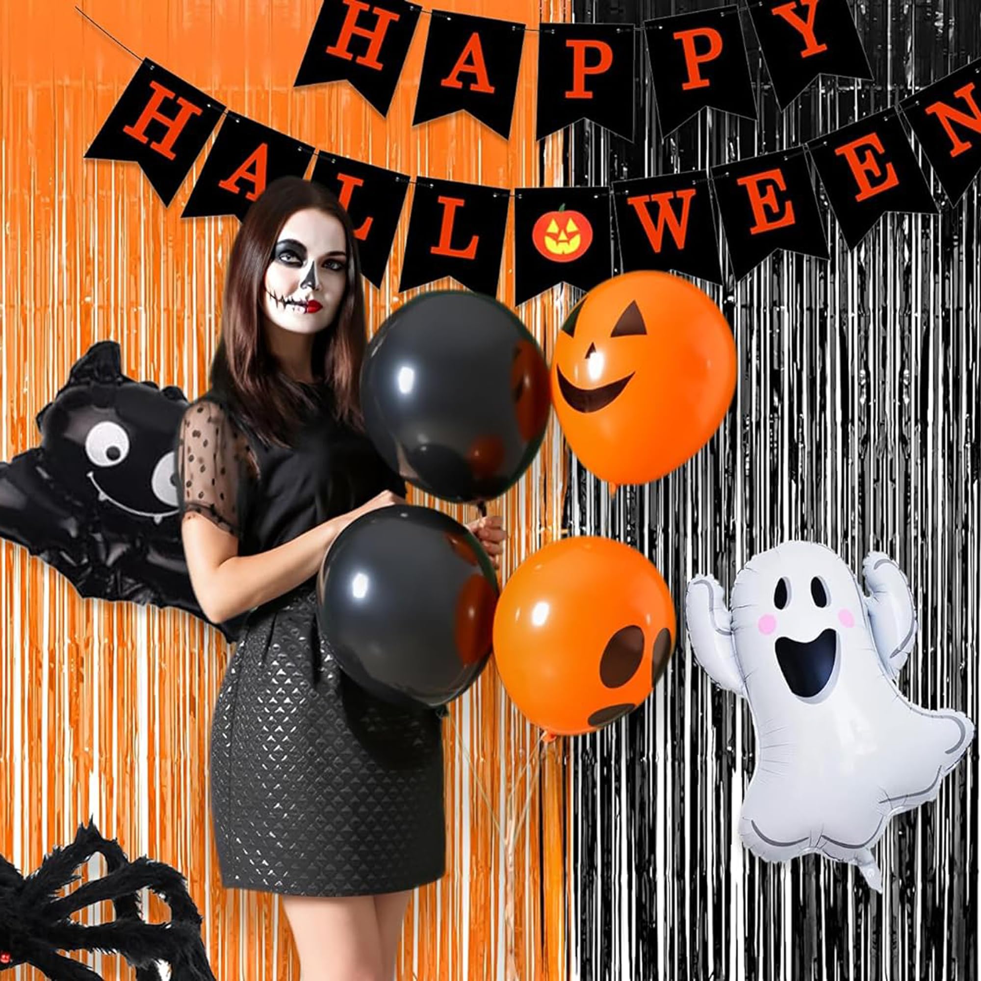 Braveshine 1 Black 1 Orange Tinsel Photo Backdrop Curtains   3.2X8.2Ft Foil Fringe Streamer Curtain For Birthdays, Halloweens, G