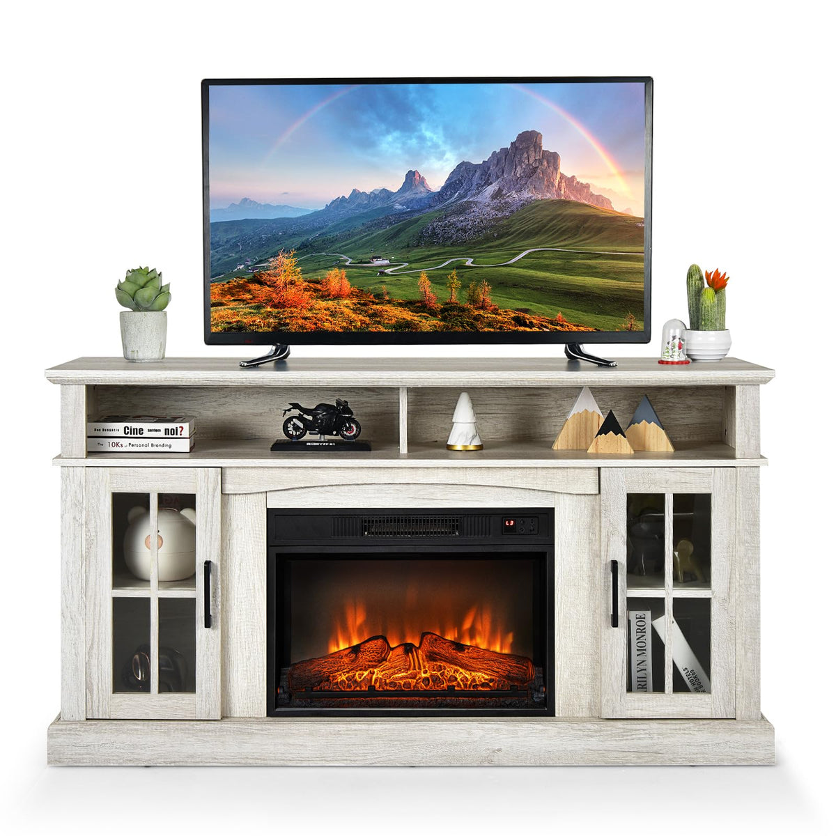 Costway Electric Fireplace Tv Stand For Tvs Up To 65 Inches, 1400W Heater Insert With Remote Control, 6H Timer, 3 Level Flame, Overheat Protection And Csa Certification, Adjustable Shelves, Grey