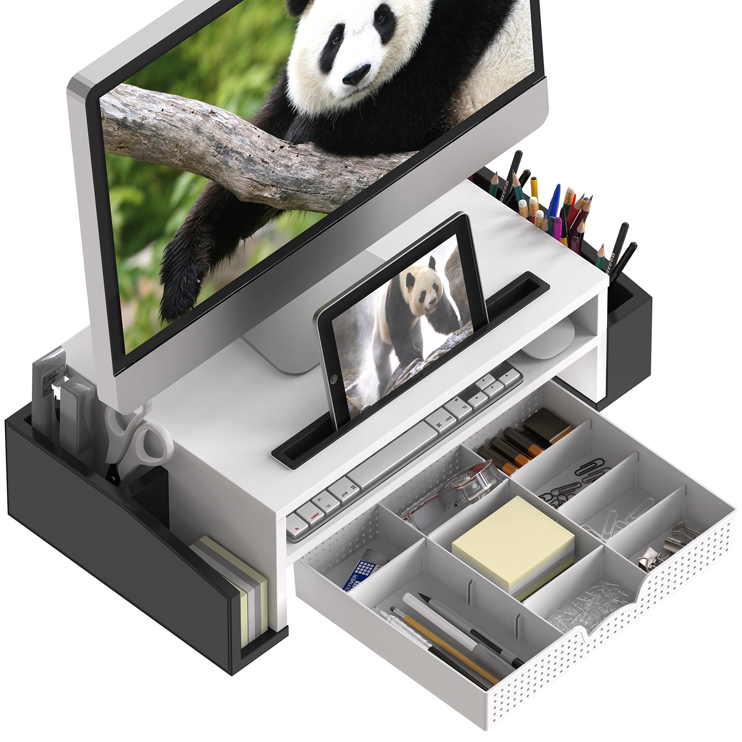 Simple Houseware Desk Monitor Stand Riser with Adjustable Organizer Tray, Dual Tone   Black / White