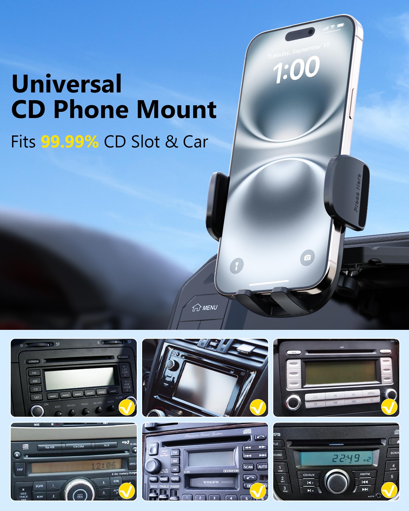 Ntmy Sturdy Cd Slot Phone Mount With One Hand Operation Design, Hands-Free Car Phone Holder Universally Compatible With All Ipho