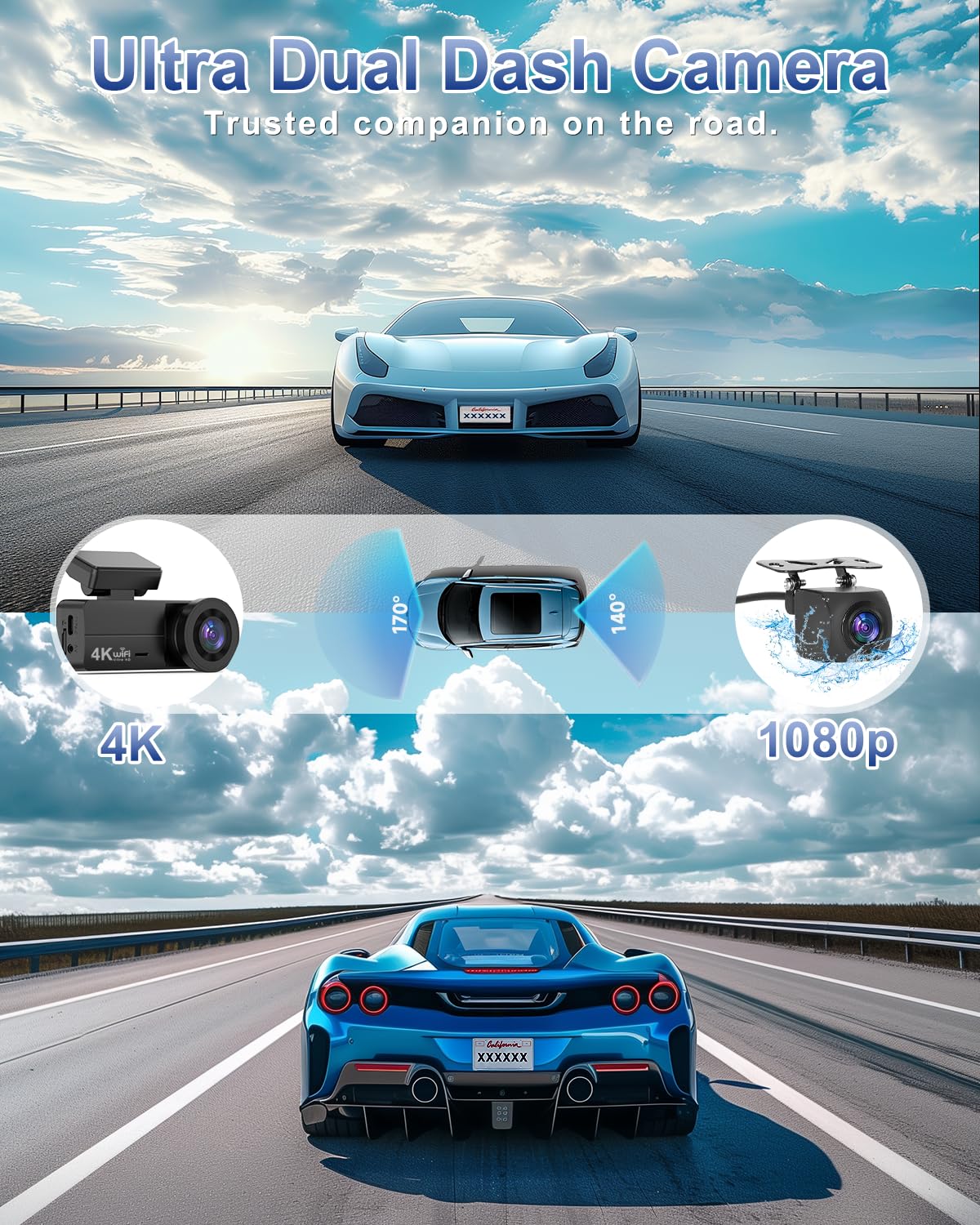 4K Dash Cam Front And Rear, Wifi Dash Cam With 64Gb Card, 4K+1080P Dash Camera For Cars, Wifi Car Camera With App Control, 1.47'