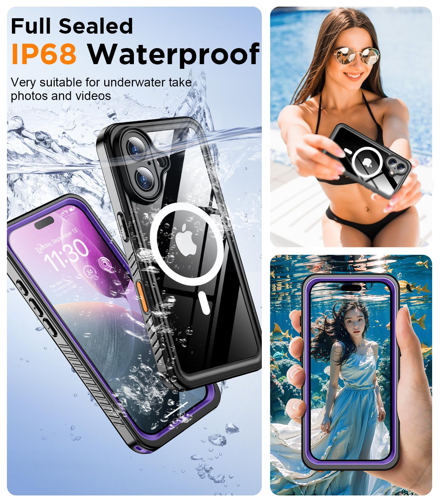 Temdan Magnetic For Iphone 16 Plus Case Waterproof,Built In Screen Protector[Ip68 Underwater][Upgrade Military Dropproof][Compat
