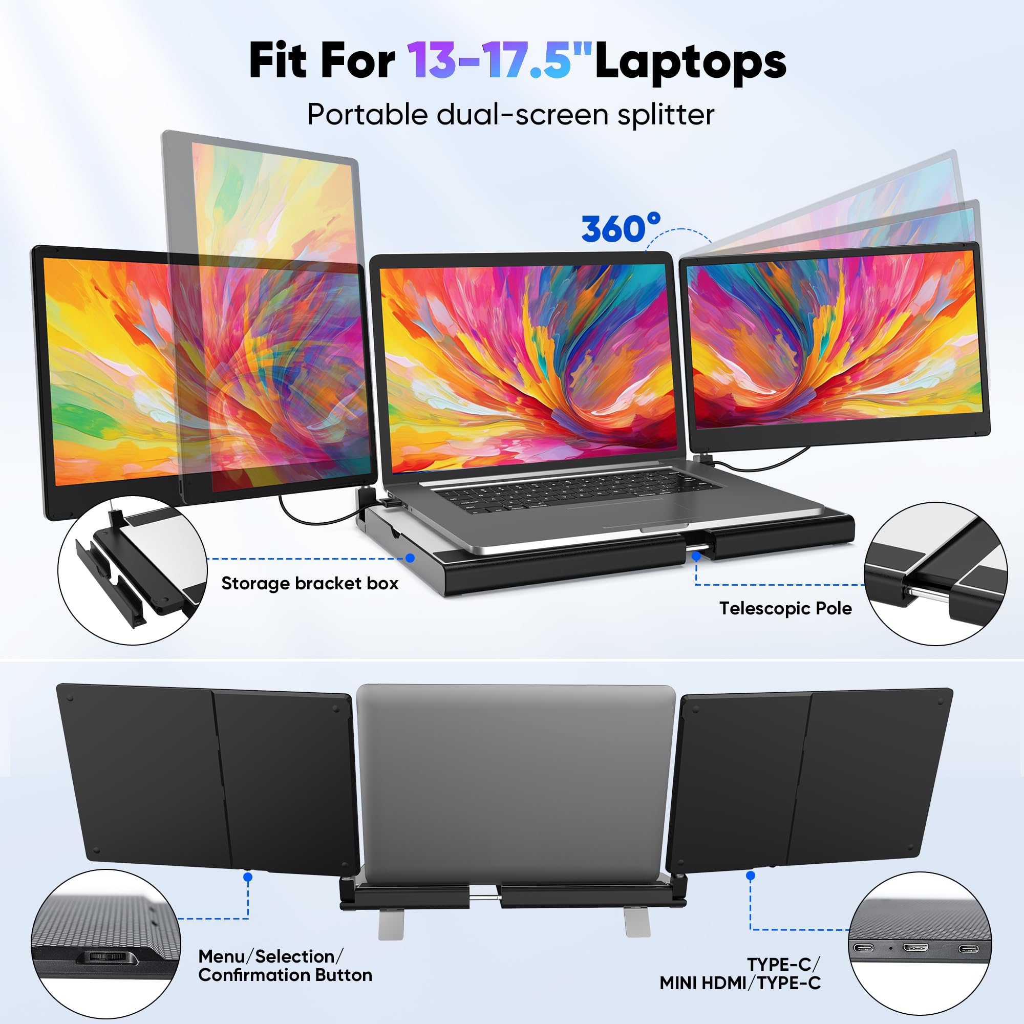 2025 Latest Laptop Screen Extender, 14'' Fhd 1080P Laptop Monitor Extender,Detachable Screen Extender With Heat Dissipation,Port