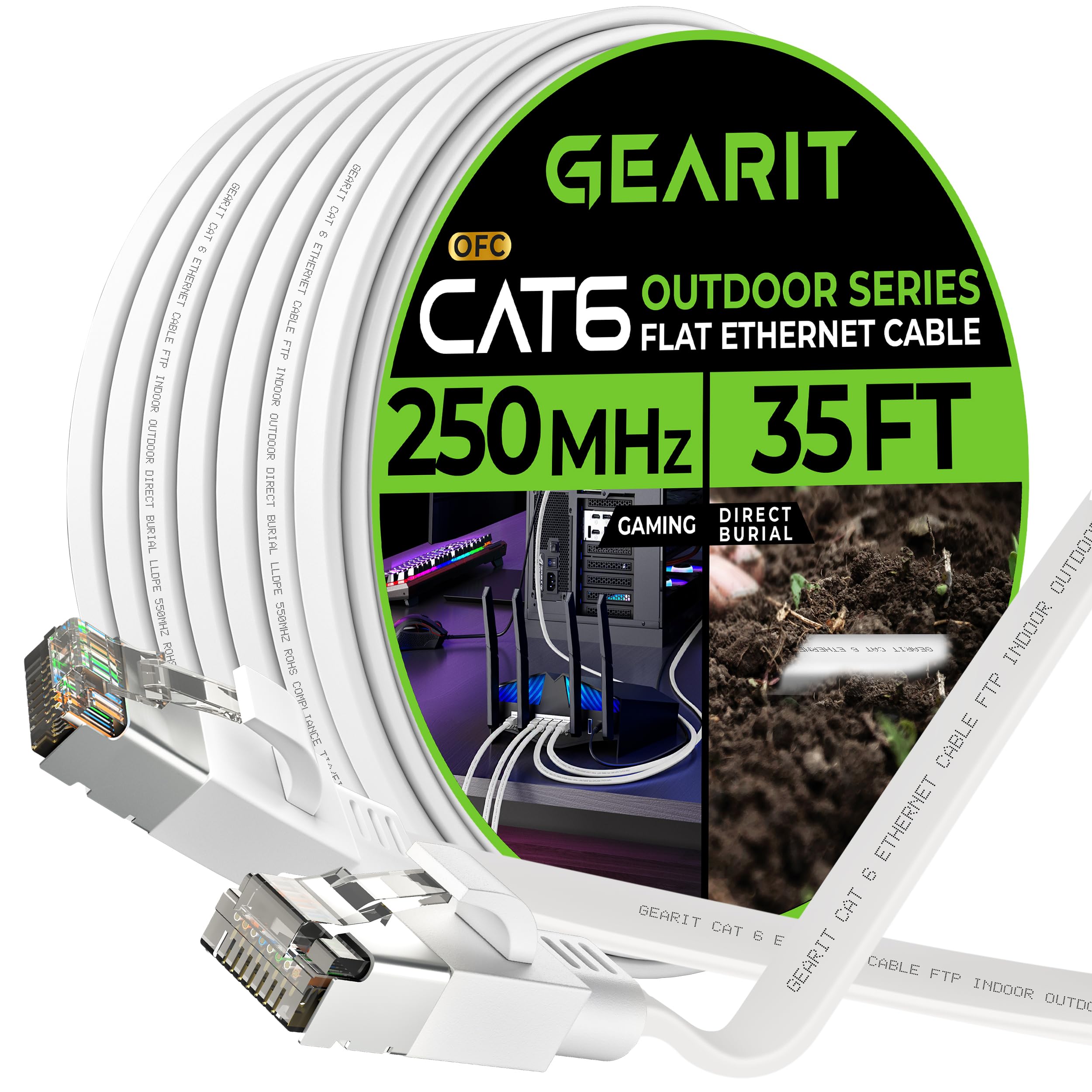 Gearit Cat 6 Outdoor Flat Ethernet Cable (35Ft, White) Direct Burial Rated Lldpe Jacket   Indoor Cat6 Shielded Ftp 10Gbps High S