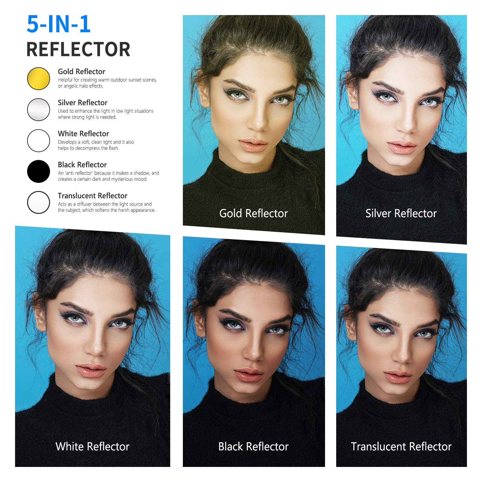 Neewer 5 In 1 Portable Round 32 In/80Cm Light Reflector Collapsible Multi Disc With Single Grip And Bag For Studio Photography L