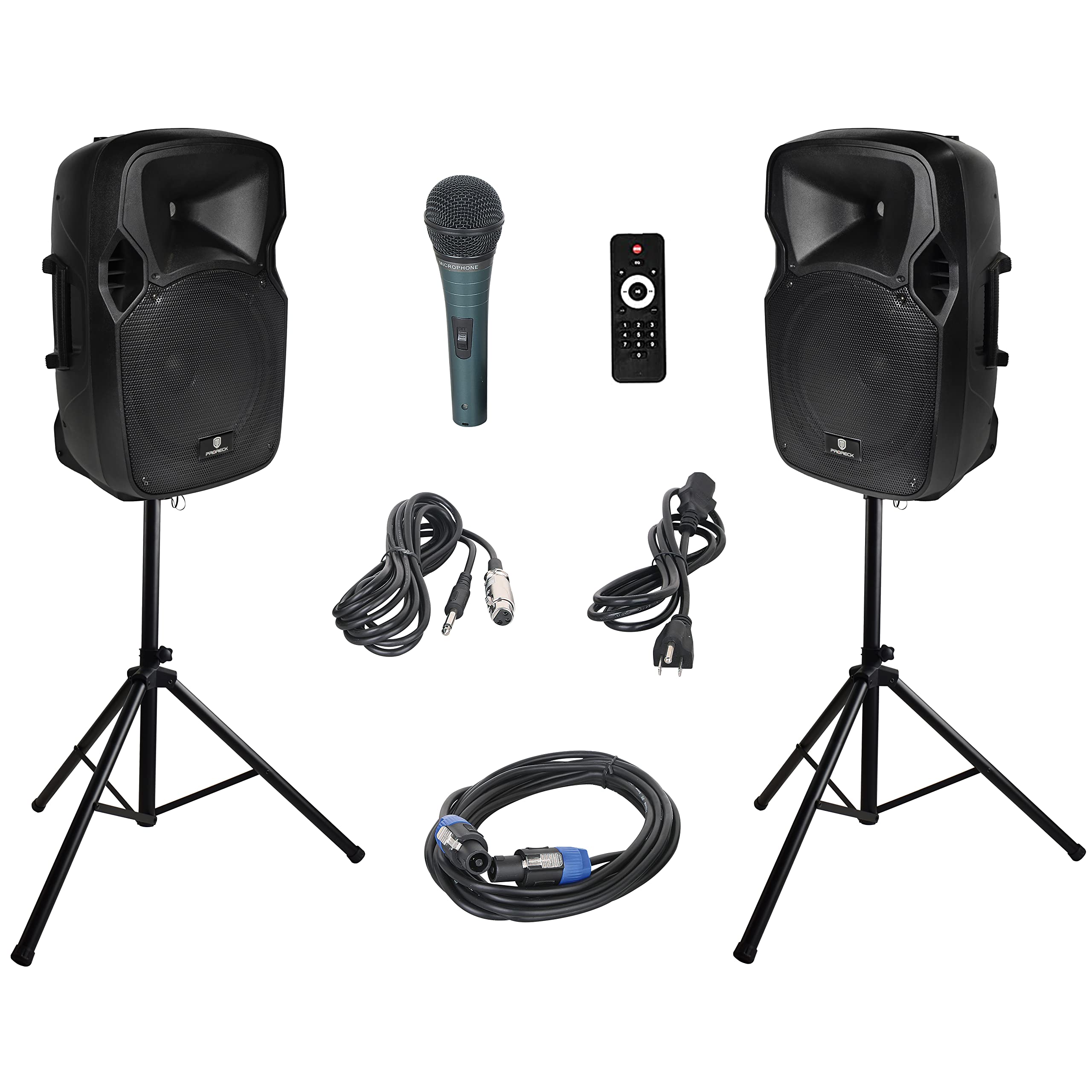 Proreck Party 12 12 Inch 1000 Watts 2 Way Powered Pa Speaker System Combo Set With Bluetooth/Usb Drive Read Function/Sd Card Reader/Fm Radio/Remote Control/Speaker Stand
