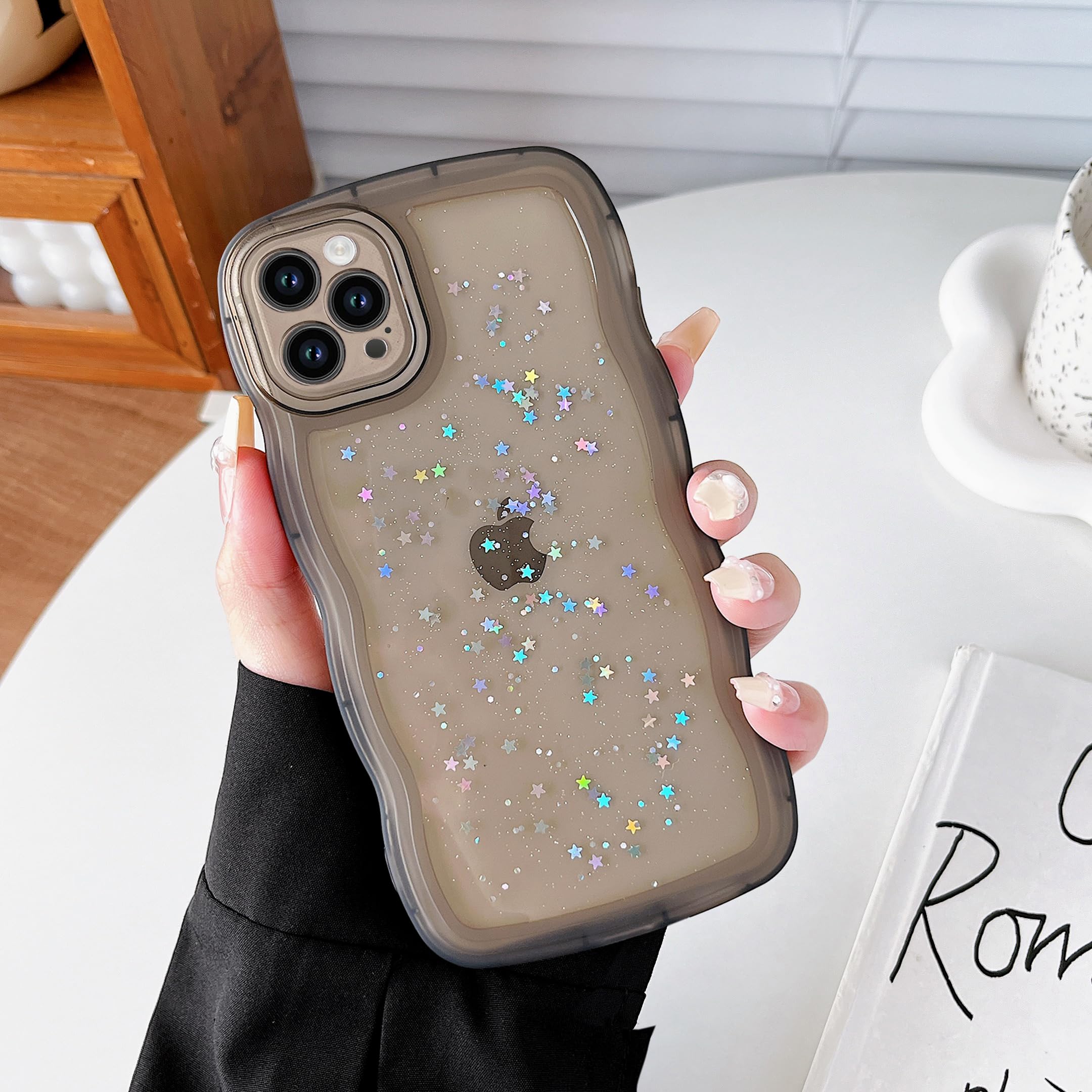 Qokey For Iphone 14 Pro Case 6.1'' Curly Wave Edge Design Transparent Bling Glitter Star Shiny Case Cute Clear Transparent Full