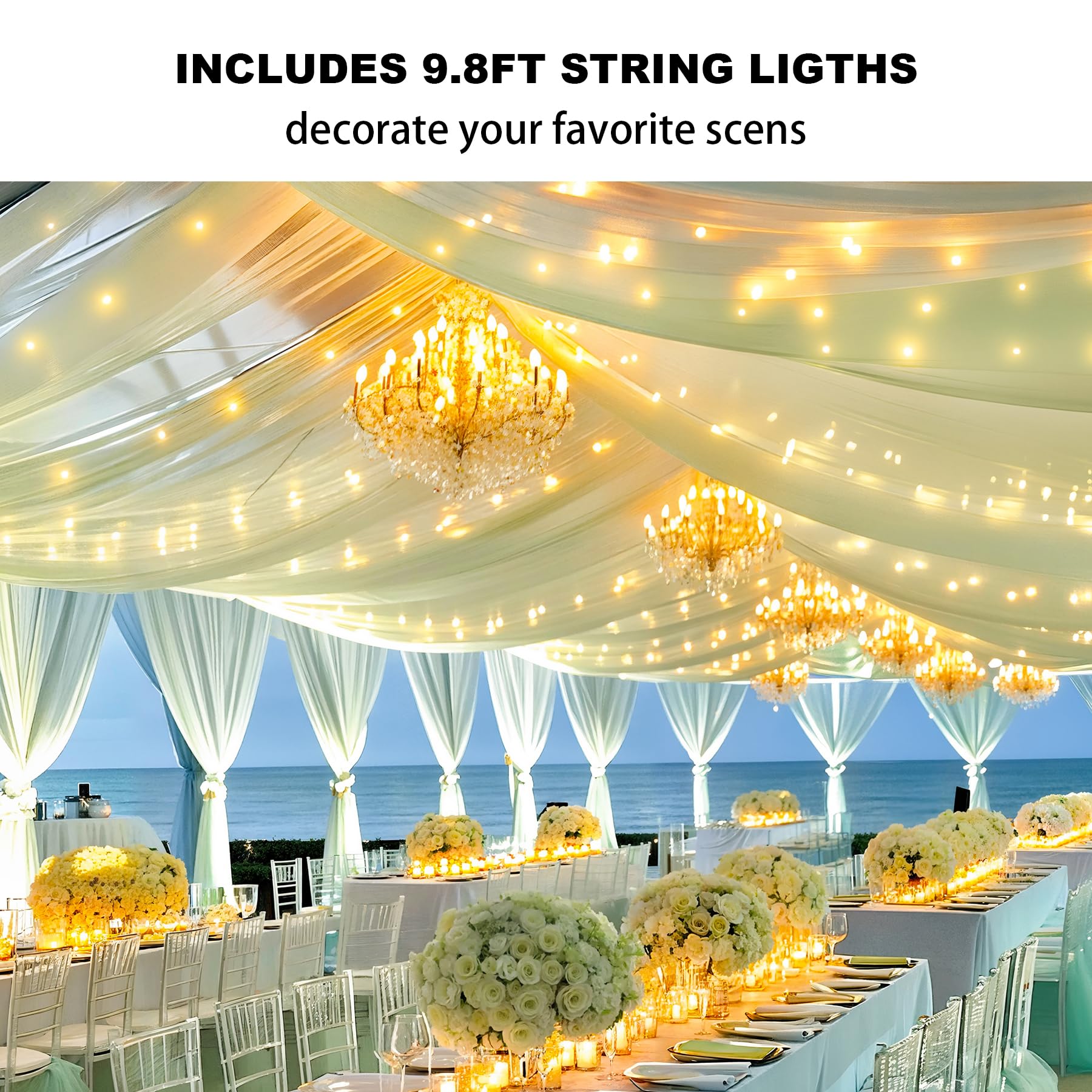 Wish Care Sage Green Ceiling Drapes With Lights String For Weddings, 6 Panels 5Ftx10Ft Sheer Tulle Curtain Drapes For Wedding Ce