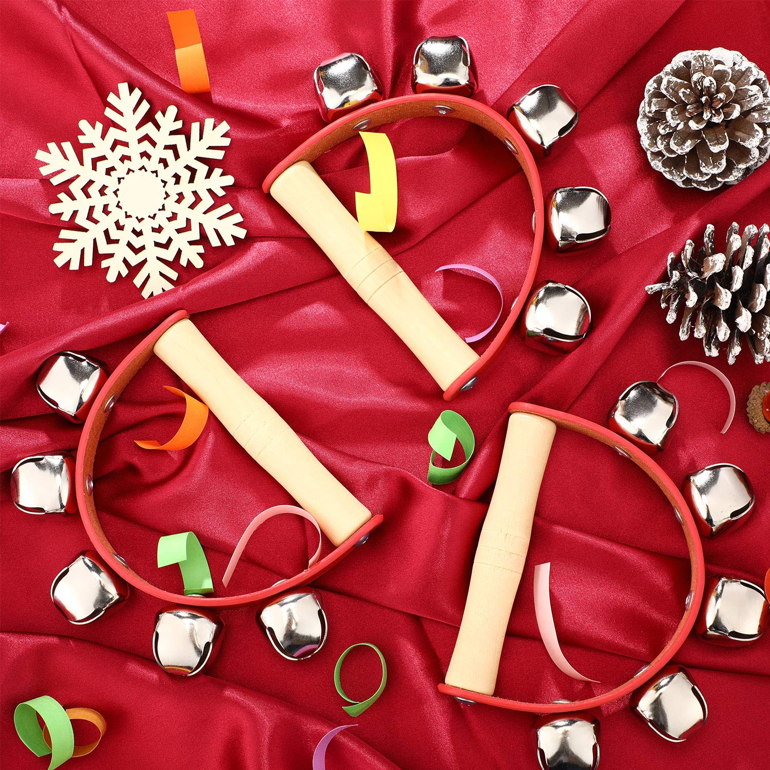 3 Pieces Red Christmas Sleigh Bells Jingle Gold Musical Instrument Wooden Handle Bells For Valentines(5 Bells)