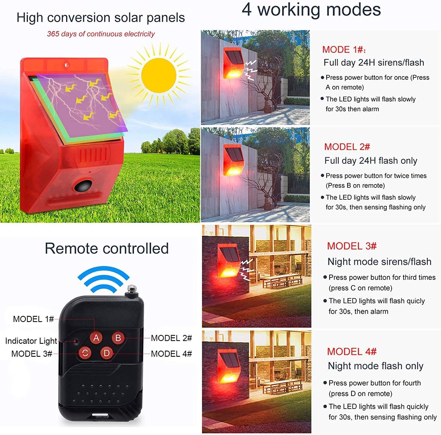 Chunhee Solar Alarm Strobe Light With Remote Control Motion Sensor Detector Outdoor Alarm 129Db Sound Security Siren Ip65 Waterproof Protected For Villa, Chicken Coop, Farm, Yard, 4 Pack
