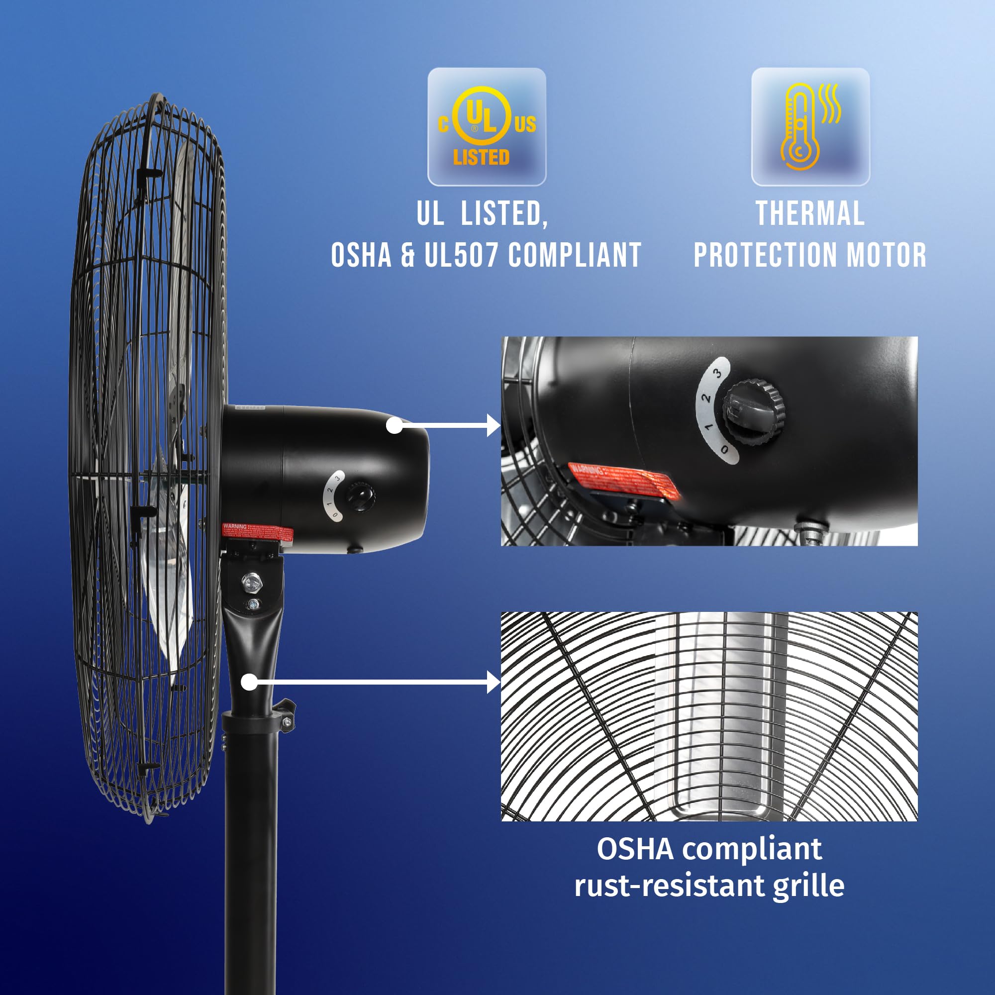 Tornado 24 Inch High Velocity Stationary Non Oscillating Metal Pedestal Fan Commercial, Industrial Use 3 Speed   7600 Cfm 6.6 Ft