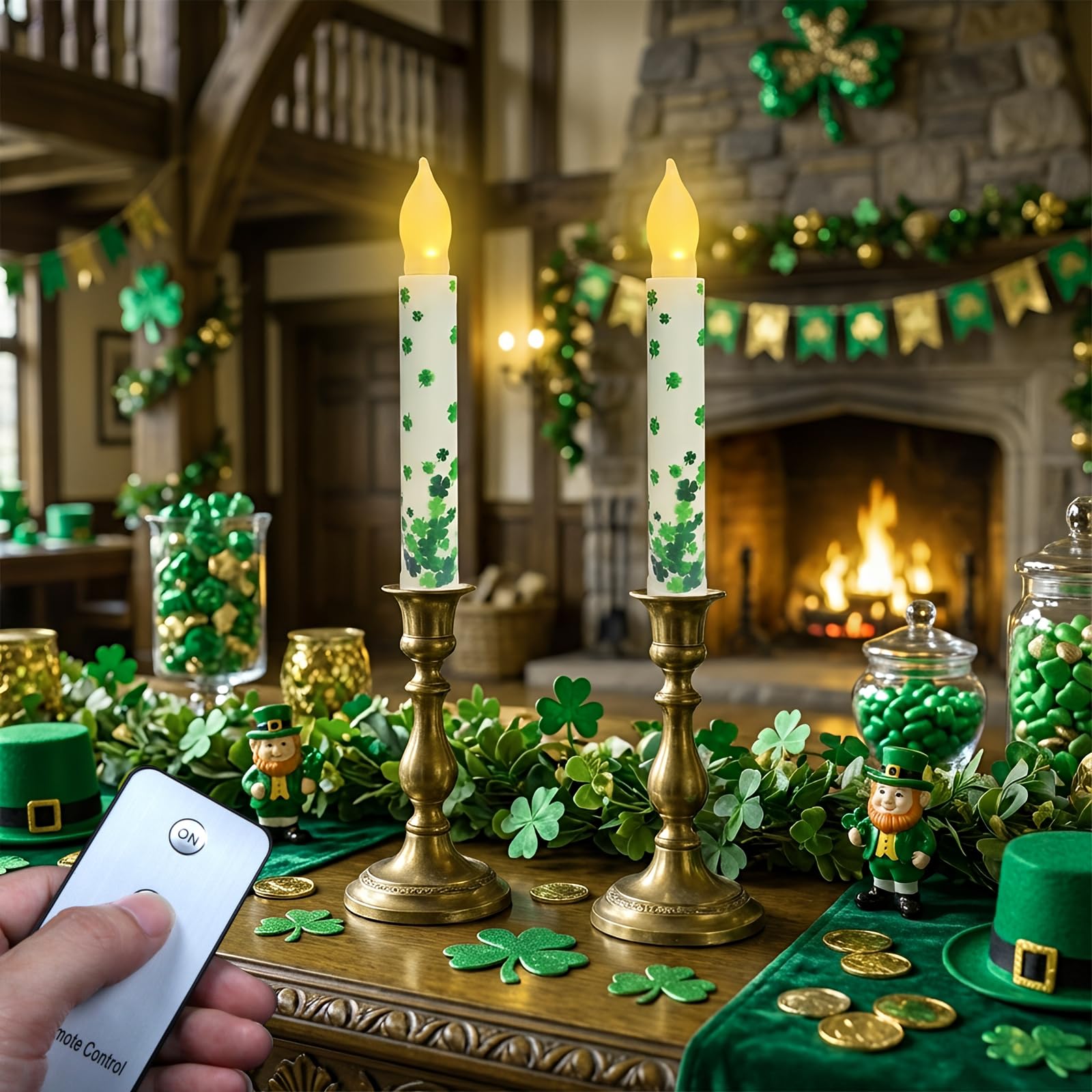 ONEIHOMM St. Patricks Day Taper Candles with Four Leaf Clover, 6.5 Flameless LED Candles with Remote, 2 Pack Flickering Battery