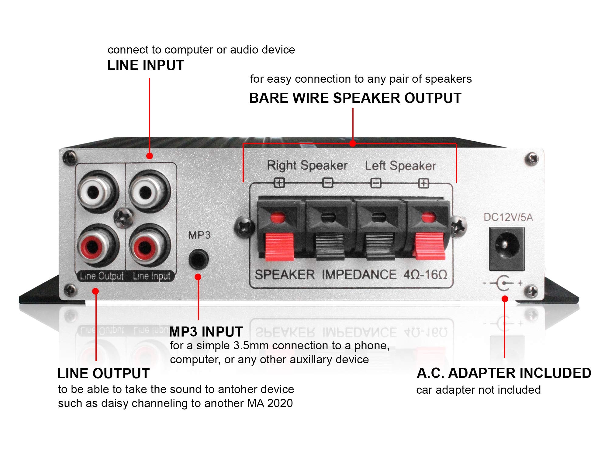 Technical Pro Class T Stereo Mini Amplifier With Power Supply, Headphone Output & Microphone Input, Silver (Ma2020)