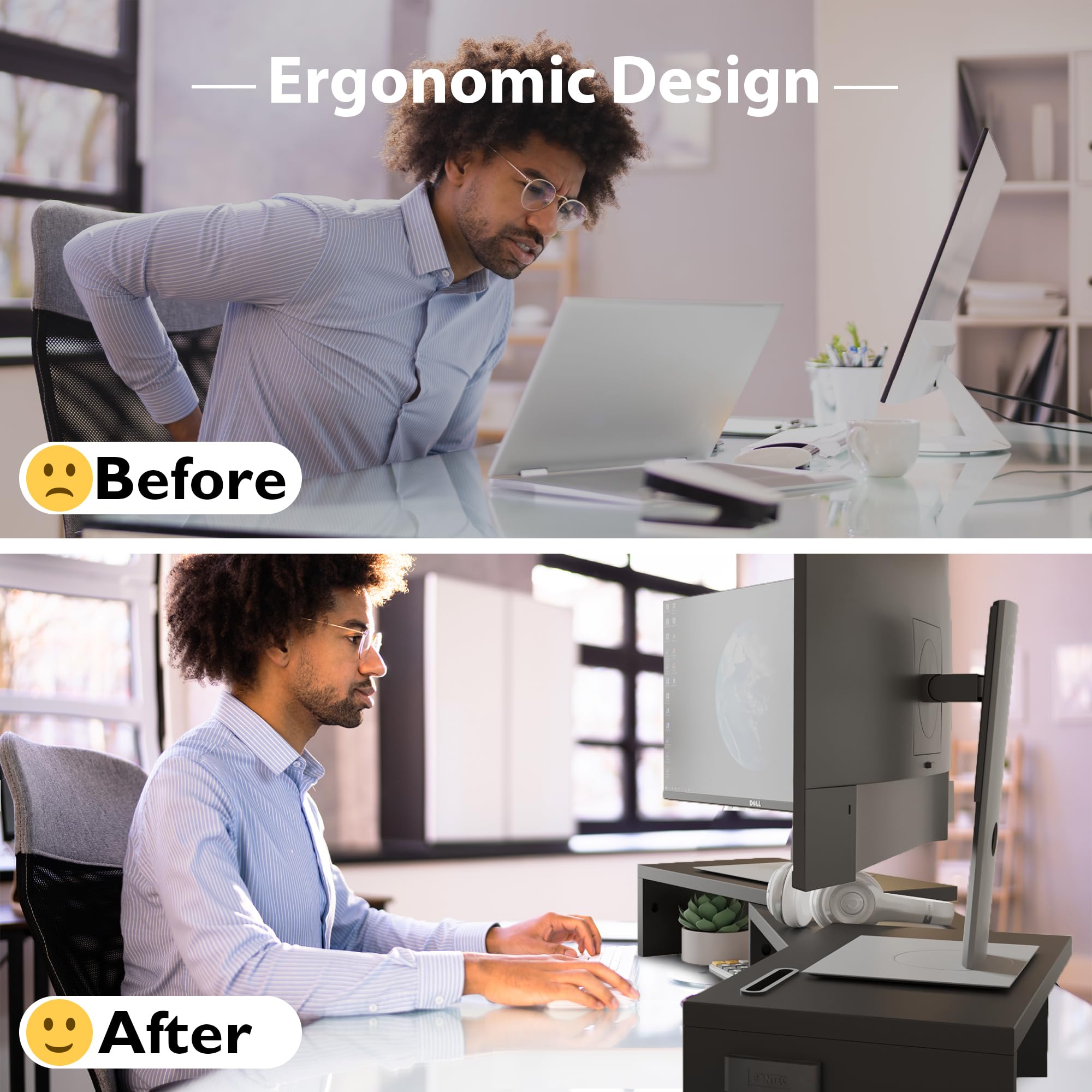 Bontec Dual Monitor Stand With Smartphone Holder, Adjustable Length & Swivel Angle Wooden Desktop Organizer Stand Pc Riser For P