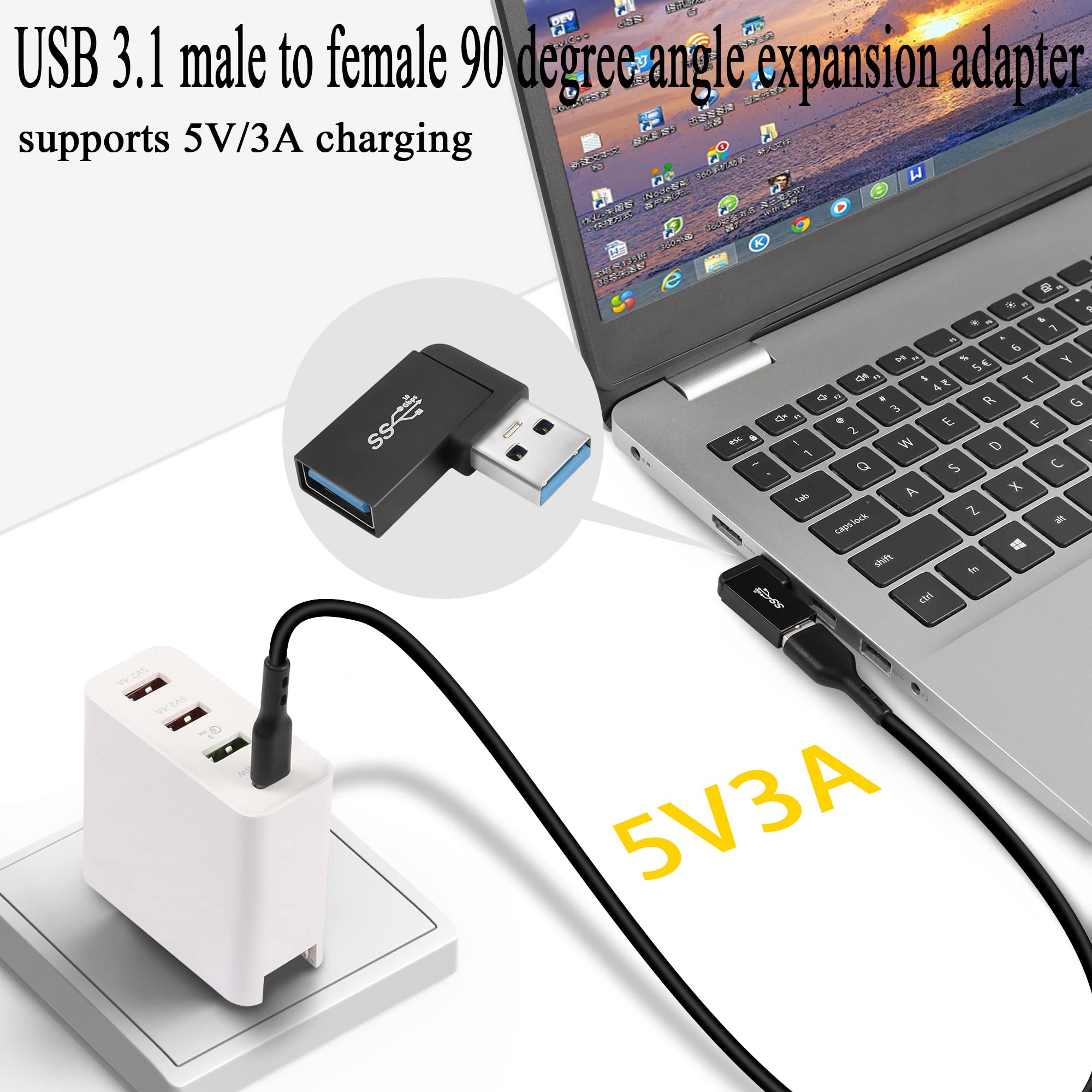 Qianrenon Usb 3.1 90�Angle Adapter 10Gbps Usb 3.1 Male To Female Left Angle L Shaped Connector Usb A 3.1 Data Transfer Converter Coupler, 2Pcs(Left Angle Side Bend)
