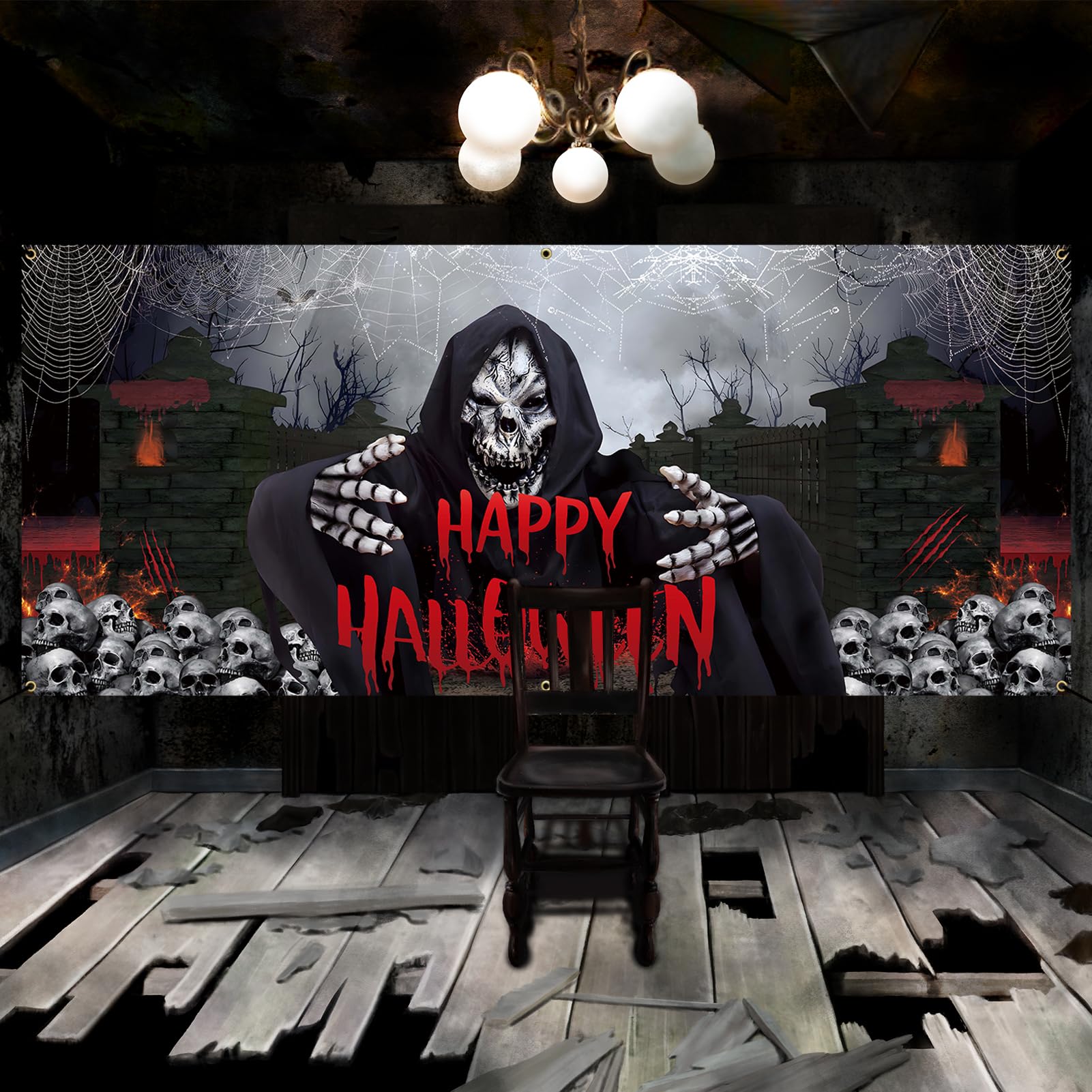 Vlipoeasn Halloween Garage Door Decorations, 7X16 Ft Halloween Garage Door Cover Banner, Skull Ghosts Halloween Outdoor Party Ph