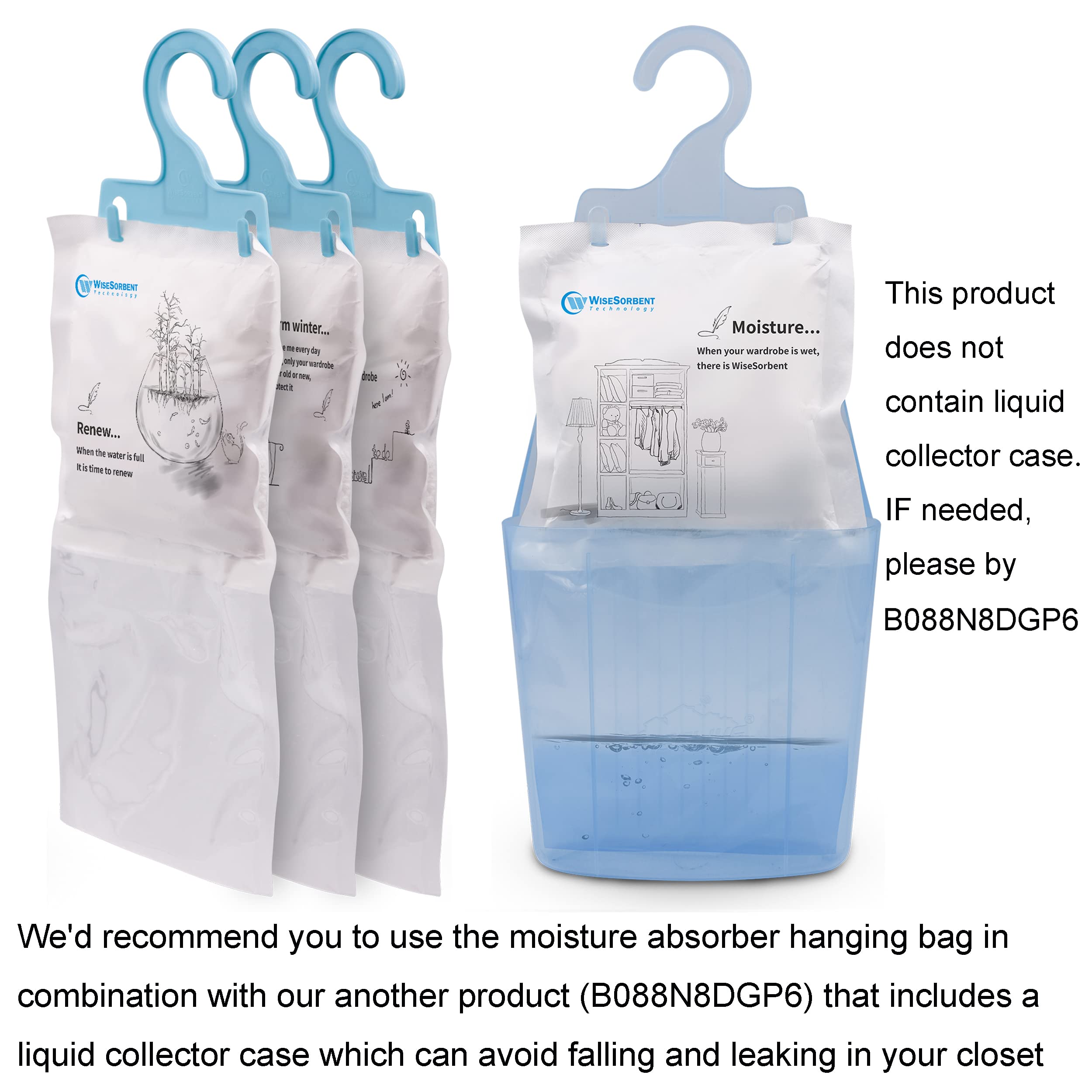 Wisesorb 12 Pack (7 Oz. Ea.) Moisture Absorber Refill Hanging Bags, Moisture Absorber Packets With Reusable 6Pcs Hooks, Humidity