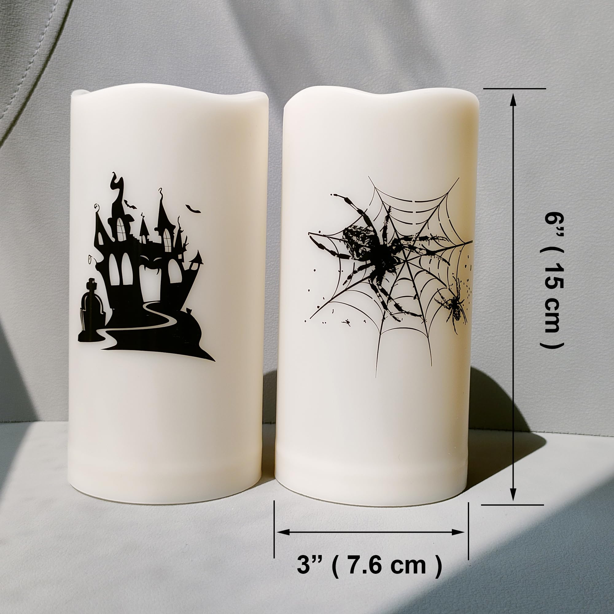 2 Pack Halloween Flameless Pillar Candles With Remote And Timer Battery Operated Led Flickering Candle Light Set With Spider Web