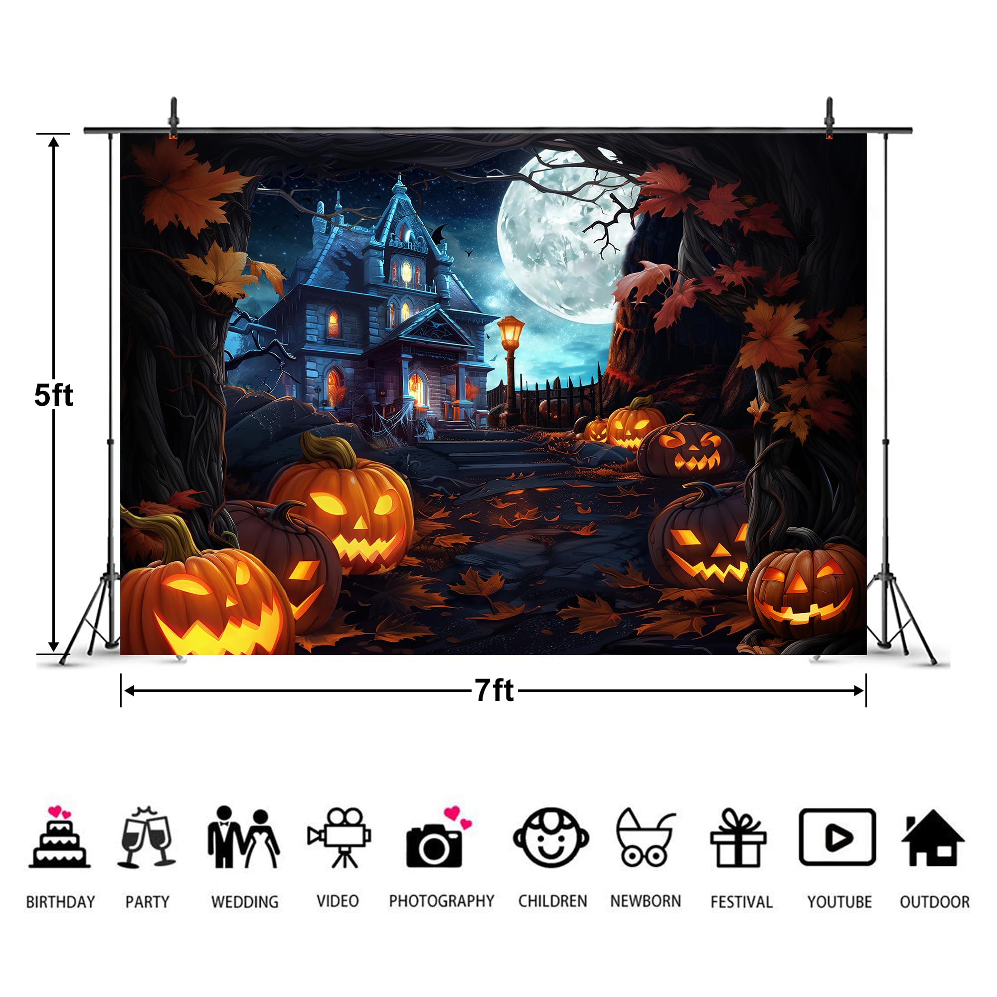 Imirell Halloween Backdrop 7Wx5H Feet Witchy Spooky Castle Moon Night Pumpkin Lantern Autumn Fall Maple Leaves Polyester Fabric