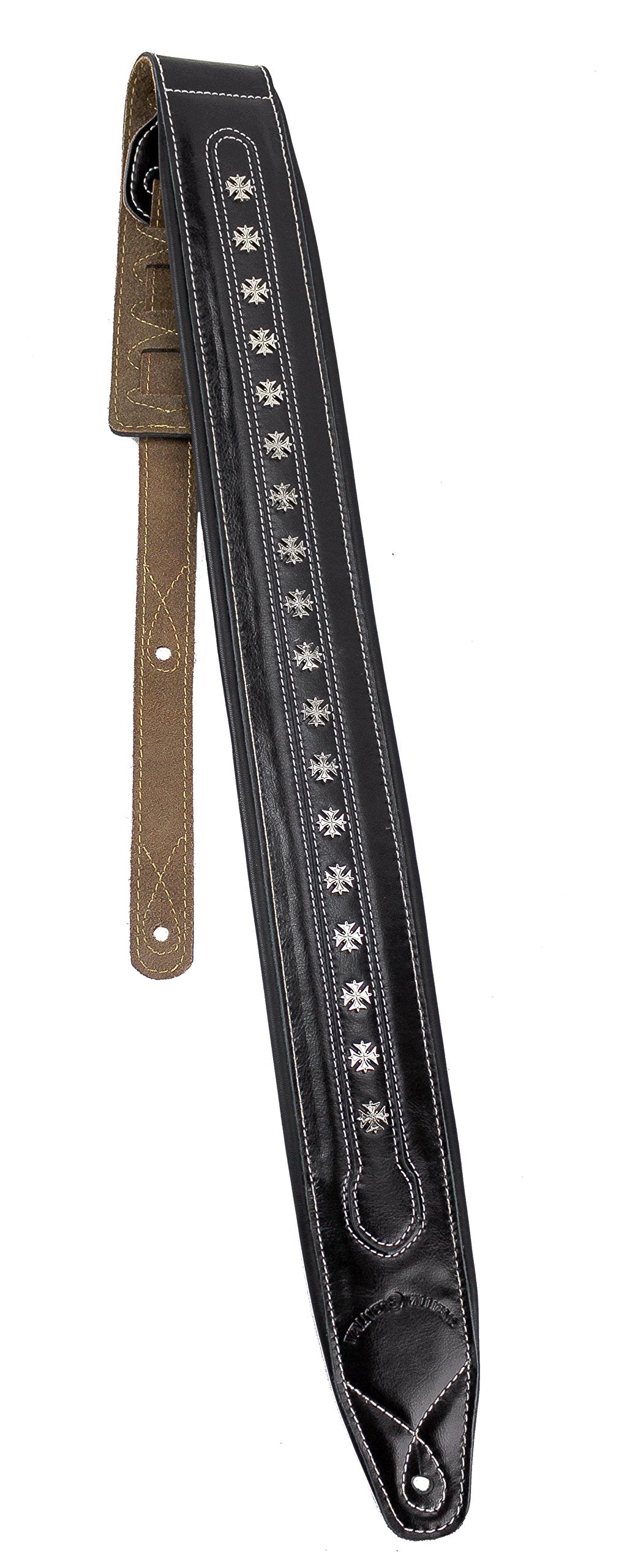 Walker & Williams C 35 Blk Smooth Texture Premium Black Full Grain Leather Soft Padded Guitar Strap With Metal Crosses For Acous