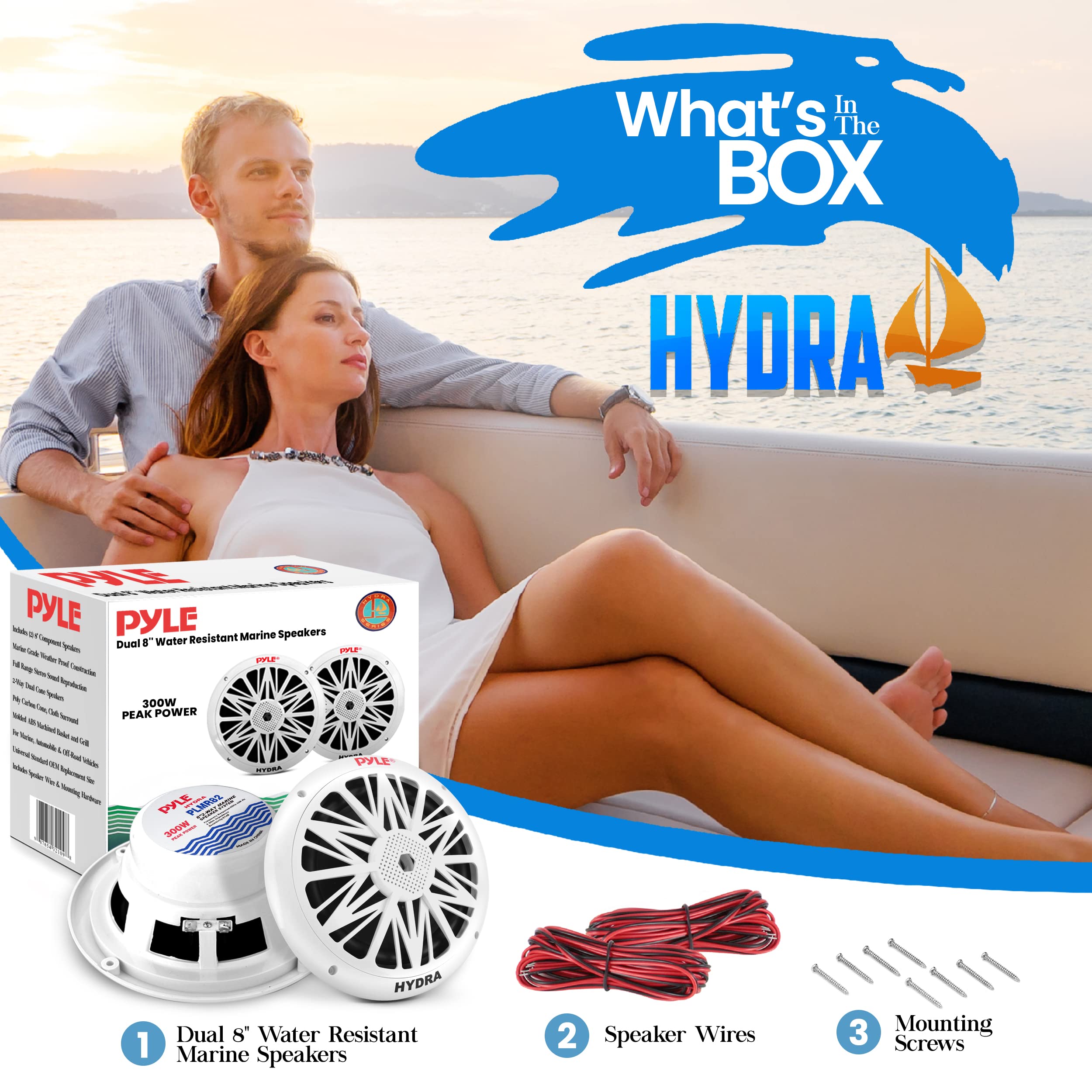 Pyle 8 Inch Dual Marine Speakers 10 Inch Outer Frame Waterproof And Weather Resistant Outdoor 300 Watt Power And Poly Carbon Con