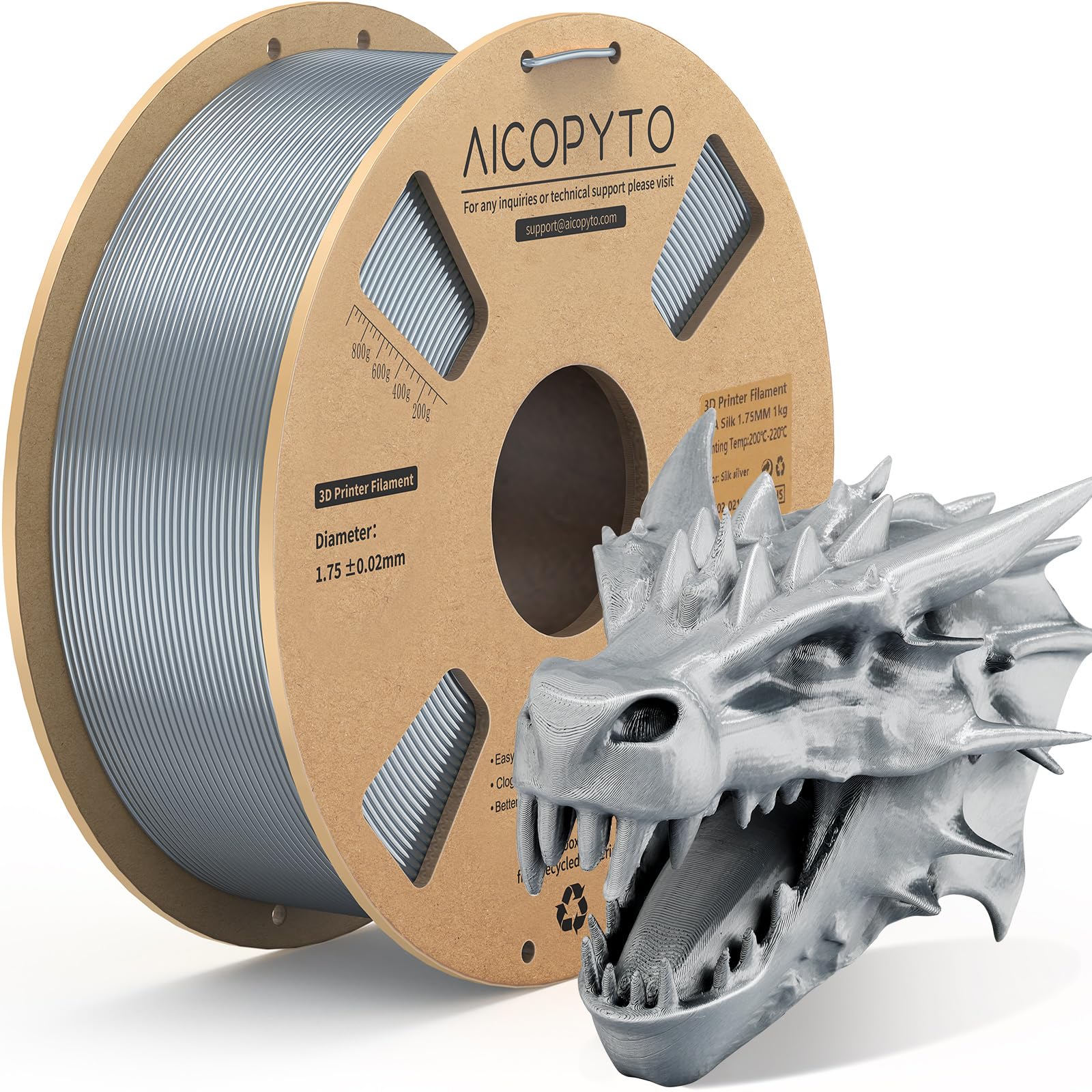 AICOPYTO Silver Silk PLA Filament 1.75mm, 3D Printer Silk PLA Filament Clog-Free Shiny 1KG Spool (2.2lbs) Dimensional Accuracy P