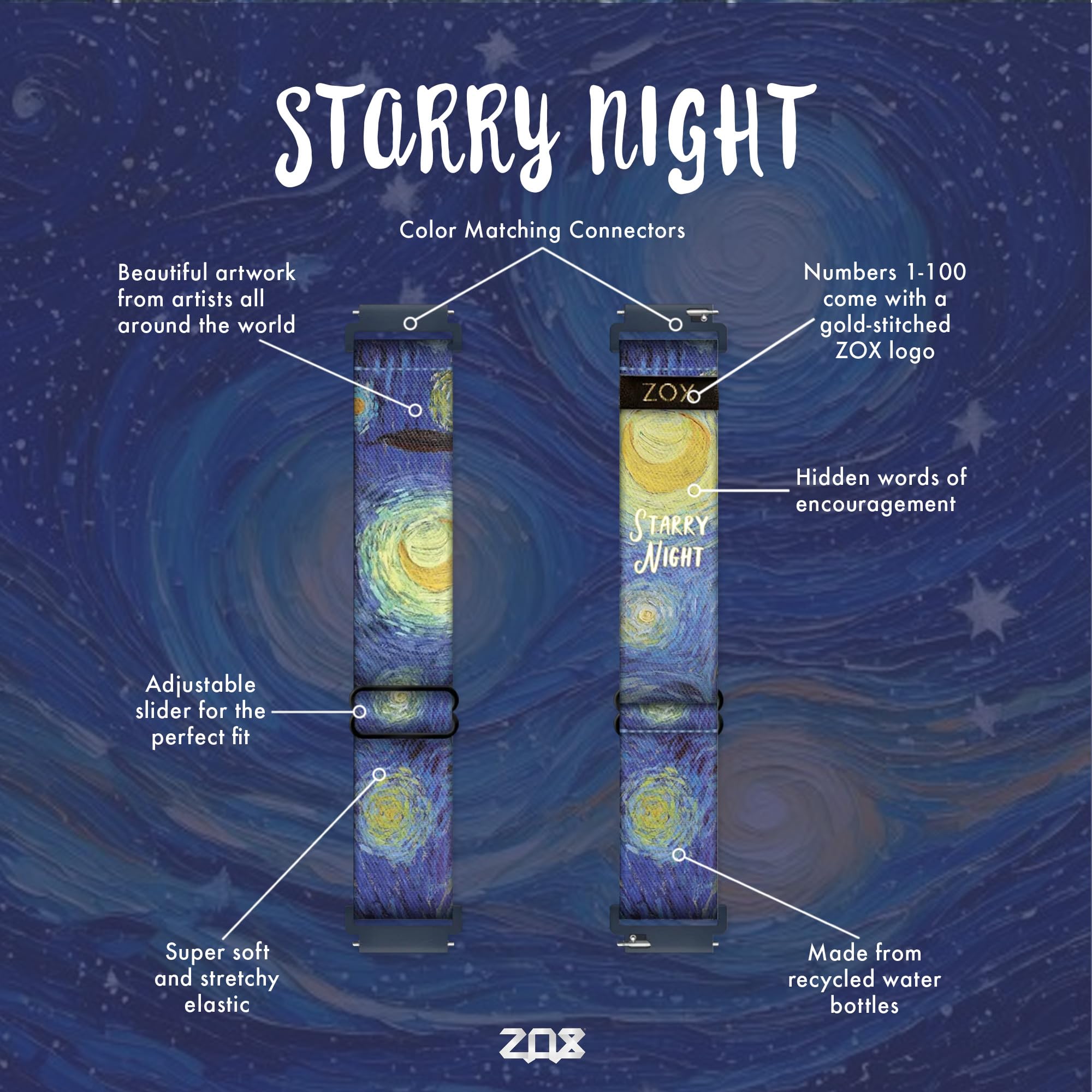 Zox Android Smart Watch Band - Starry Night | Soft, Adjustable Elastic Band With Motivational Affirmations And Beautiful Artwork