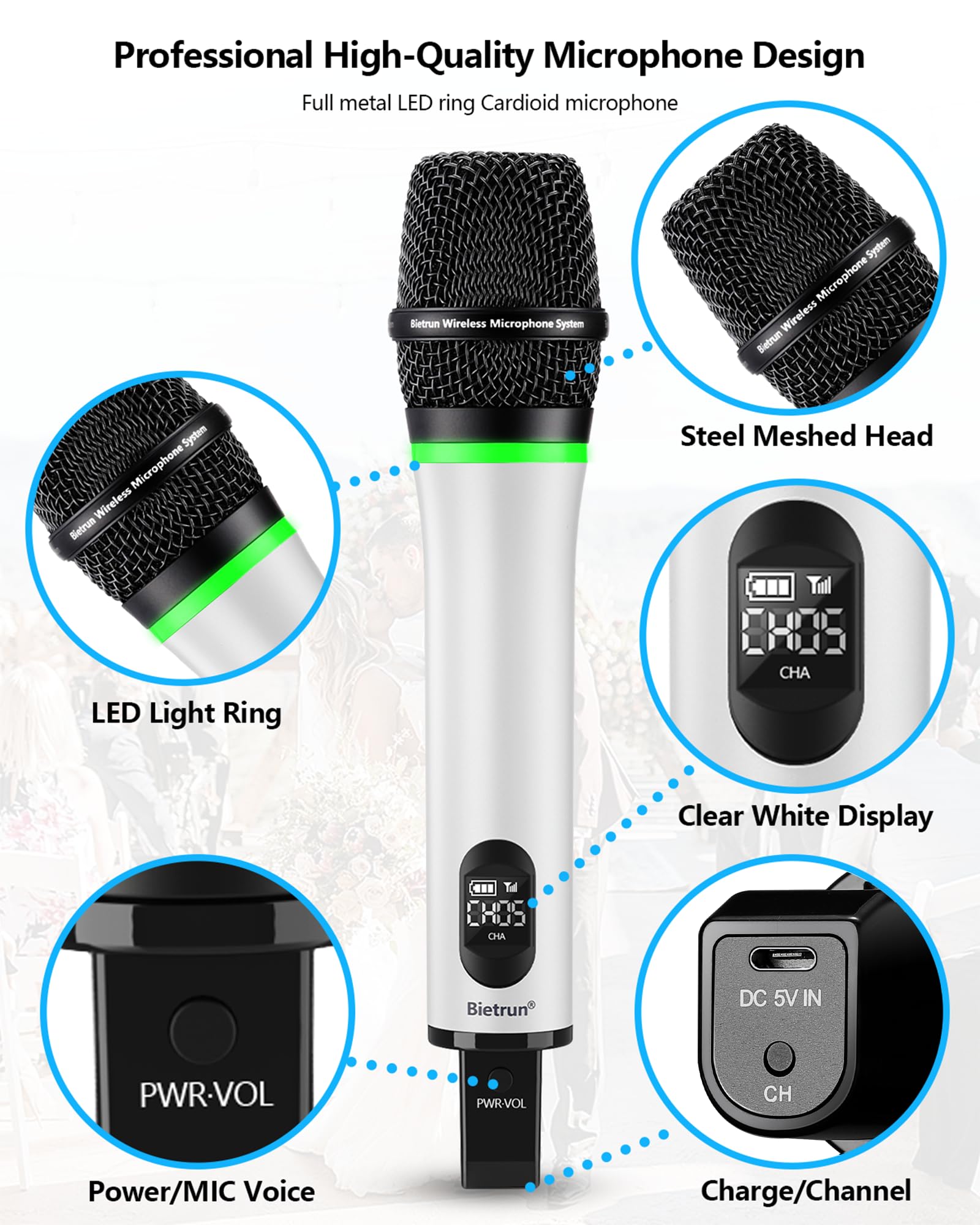 Bietrun Wireless Microphone Rechargeable, 168Ft Range Bluetooth Microphone Wireless (Work 7 Hrs) With 1/4'' Output, Uhf Metal Ha