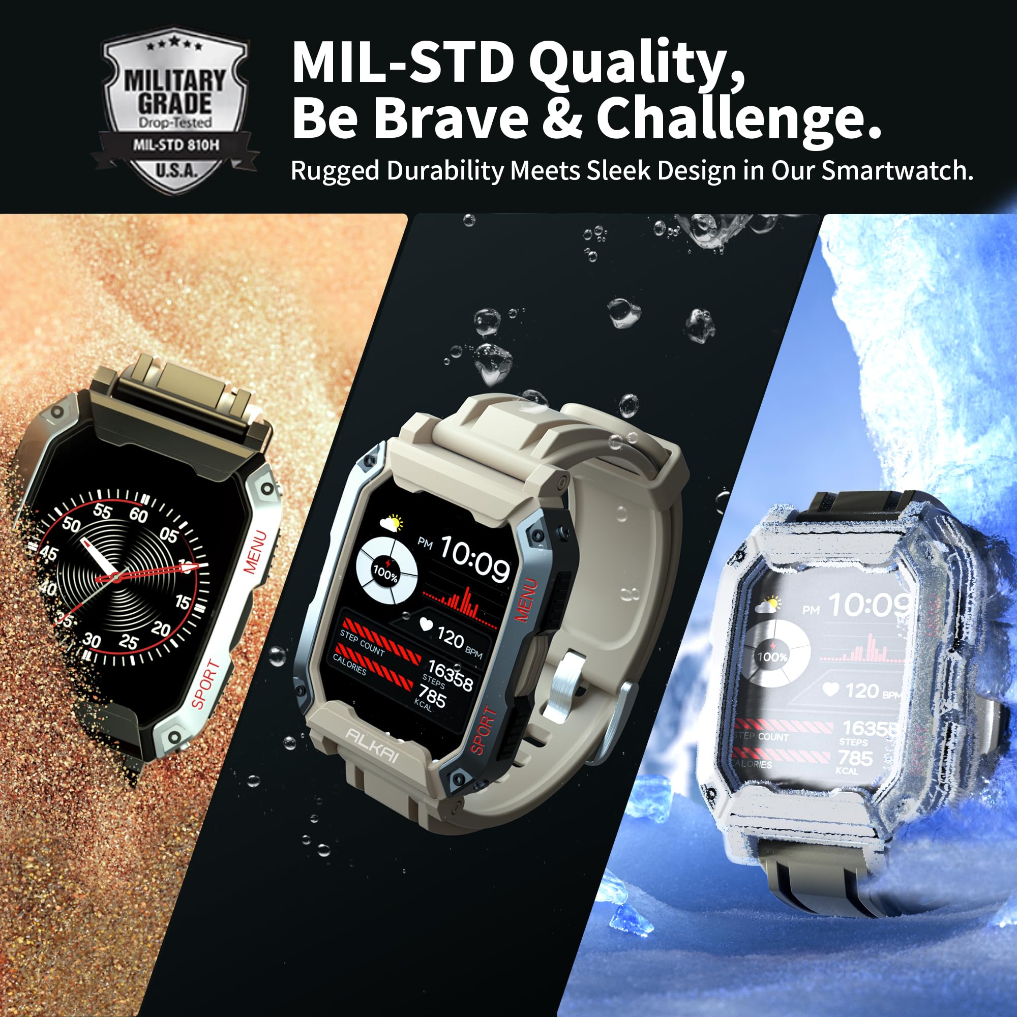 Alkai Smart Watch Rugged And Military With 5Atm Waterproof Bluetooth Call(Answer/Dial Calls) Ai Assistant, Long Lasting Battery