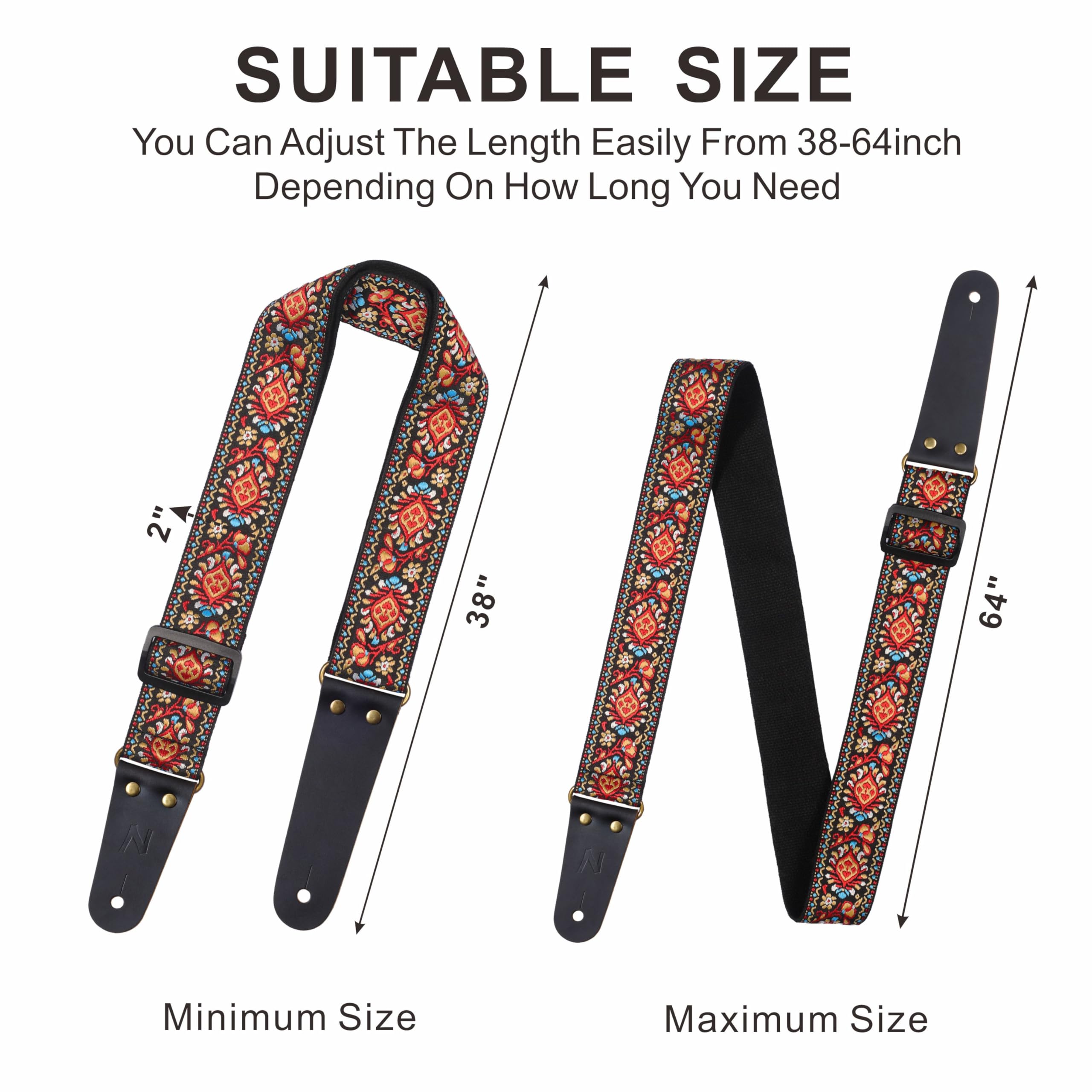 Nefelibata Guitar Strap, 2'' Cotton Embroidery Guitar Straps, Full Grain Leather Ends With Hidden Pocket, For Bass, Electric And