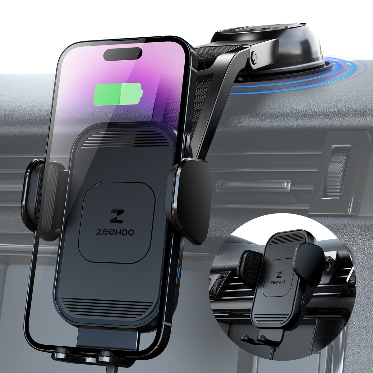 Zeehoo Wireless Car Charger, 15W Fast Charging, Auto Clamping Car Phone Mount, Cell Phone Holder Charger, For Iphone 15 14 13 12