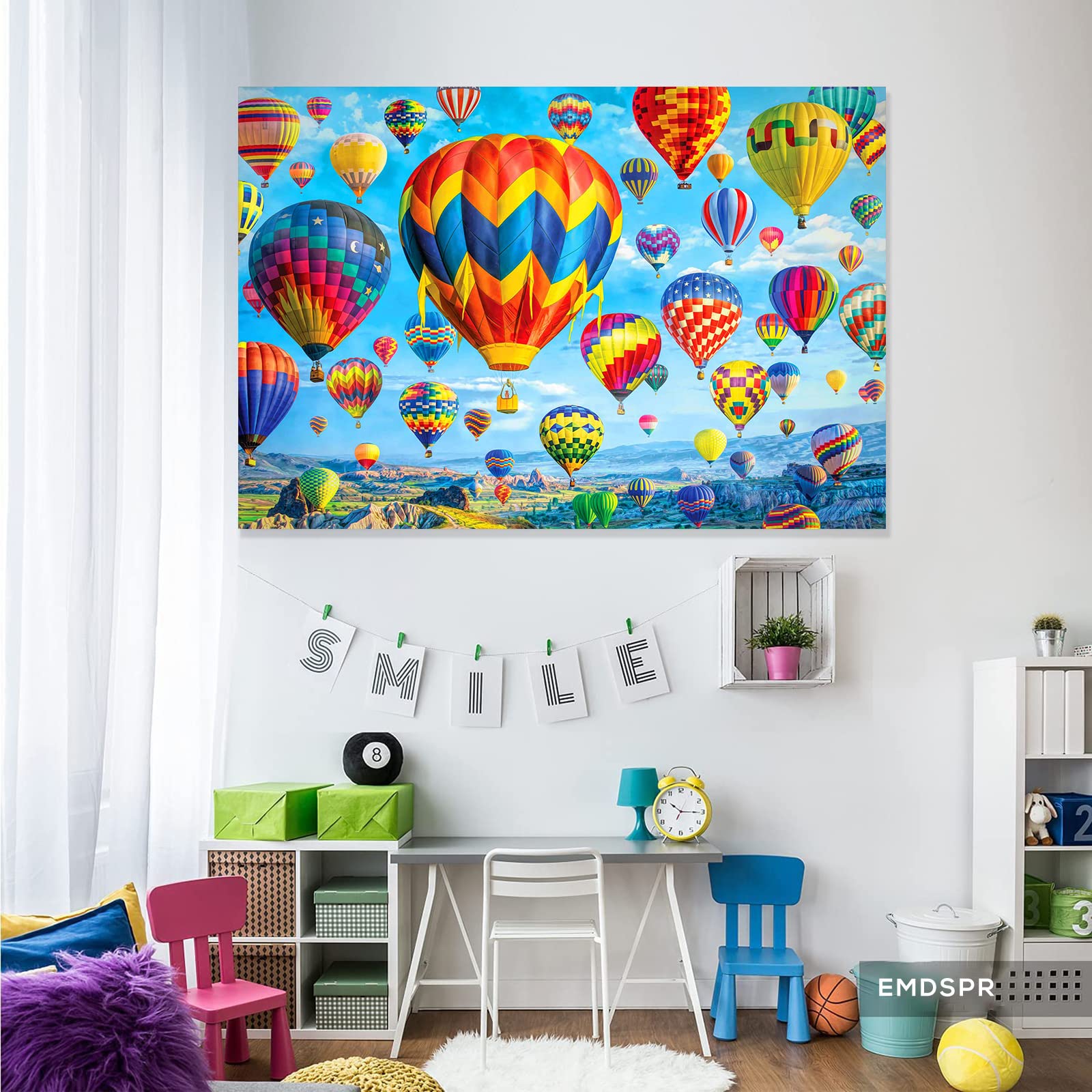 Emdspr 5X3Ft Hot Air Balloon Backdrop Colorful Rainbow Sky White Clouds Photography Background Mountains Natural Landscape Space