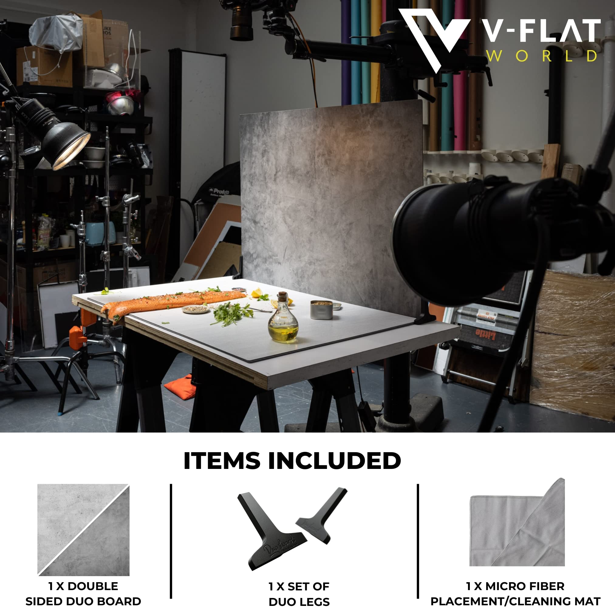 V-Flat World Duo Board Product Photography Backdrop - 2-Sided Background For Item & Food Photography - Includes 2 Legs & Board M