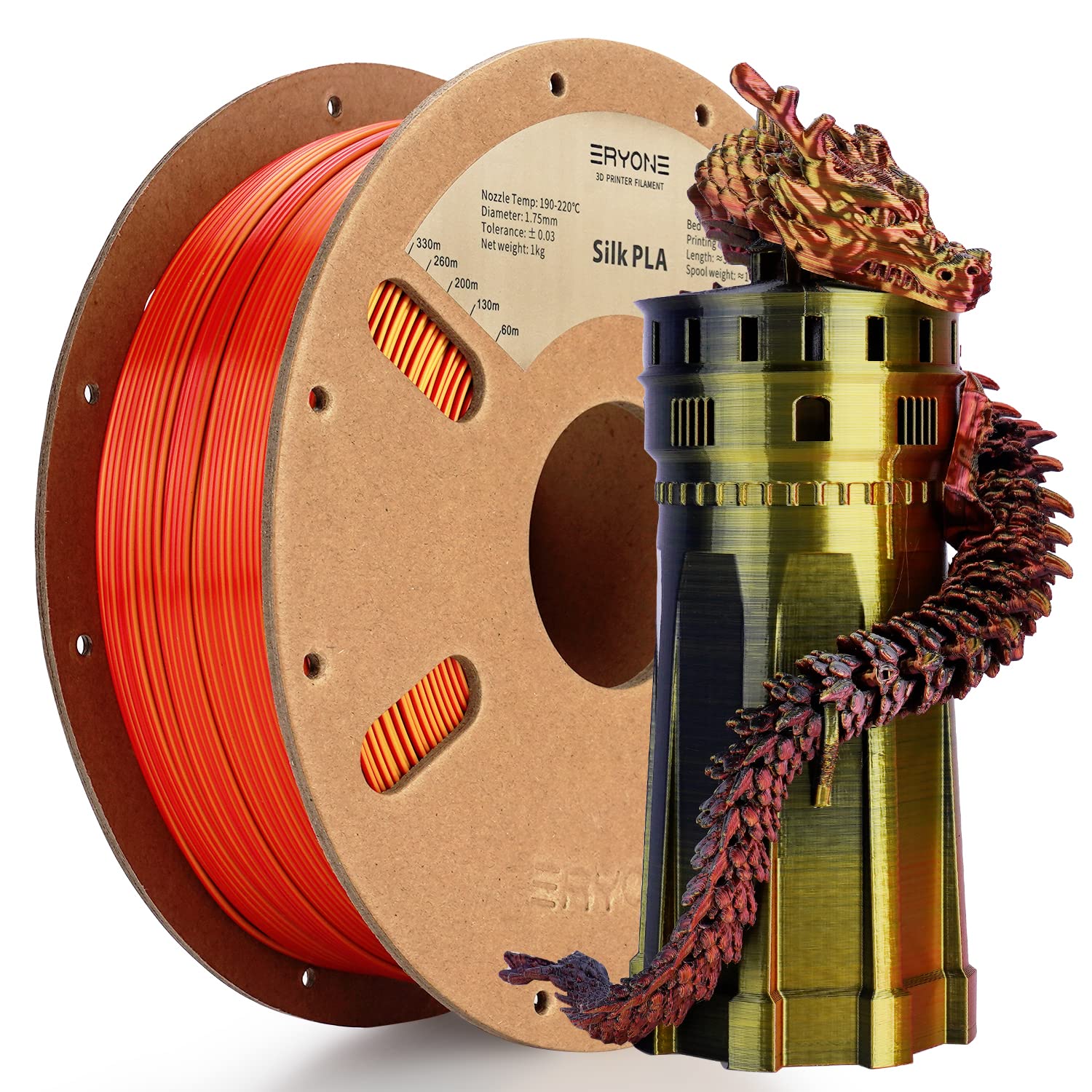 Eryone Silk Tri Color Coextrusion Pla Filament,3D Printer 1.75Mm,+/ 0.03Mm, Triple Color Filament 1Kg(2.2Lbs), Silk Red Gold Bla