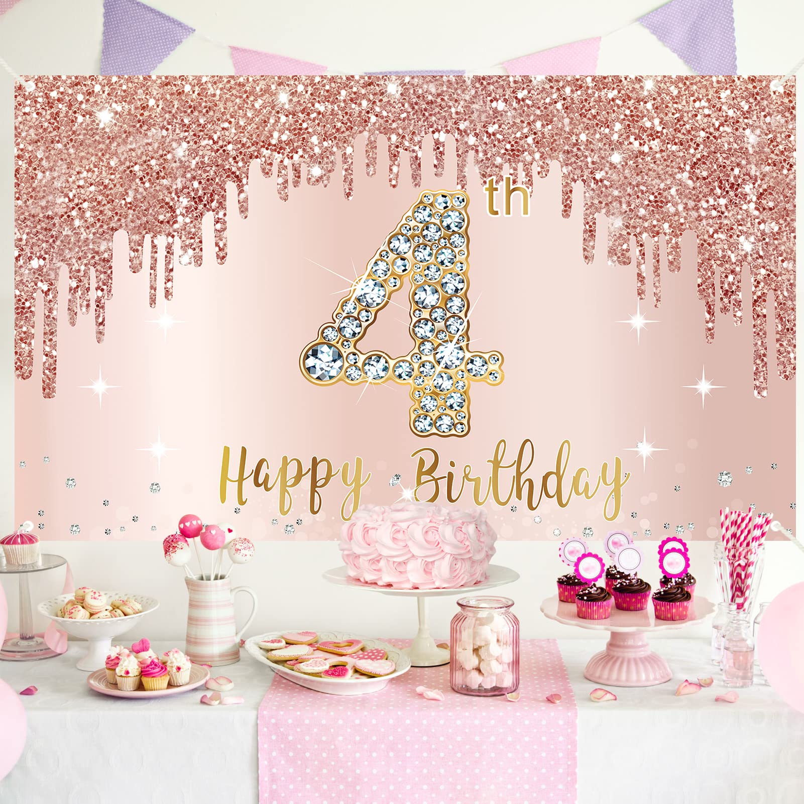 Happy 4Th Birthday Banner Backdrop Decorations For Girls, Rose Gold 4 Year Old Birthday Party Sign Supplies, Pink Fourth Birthda