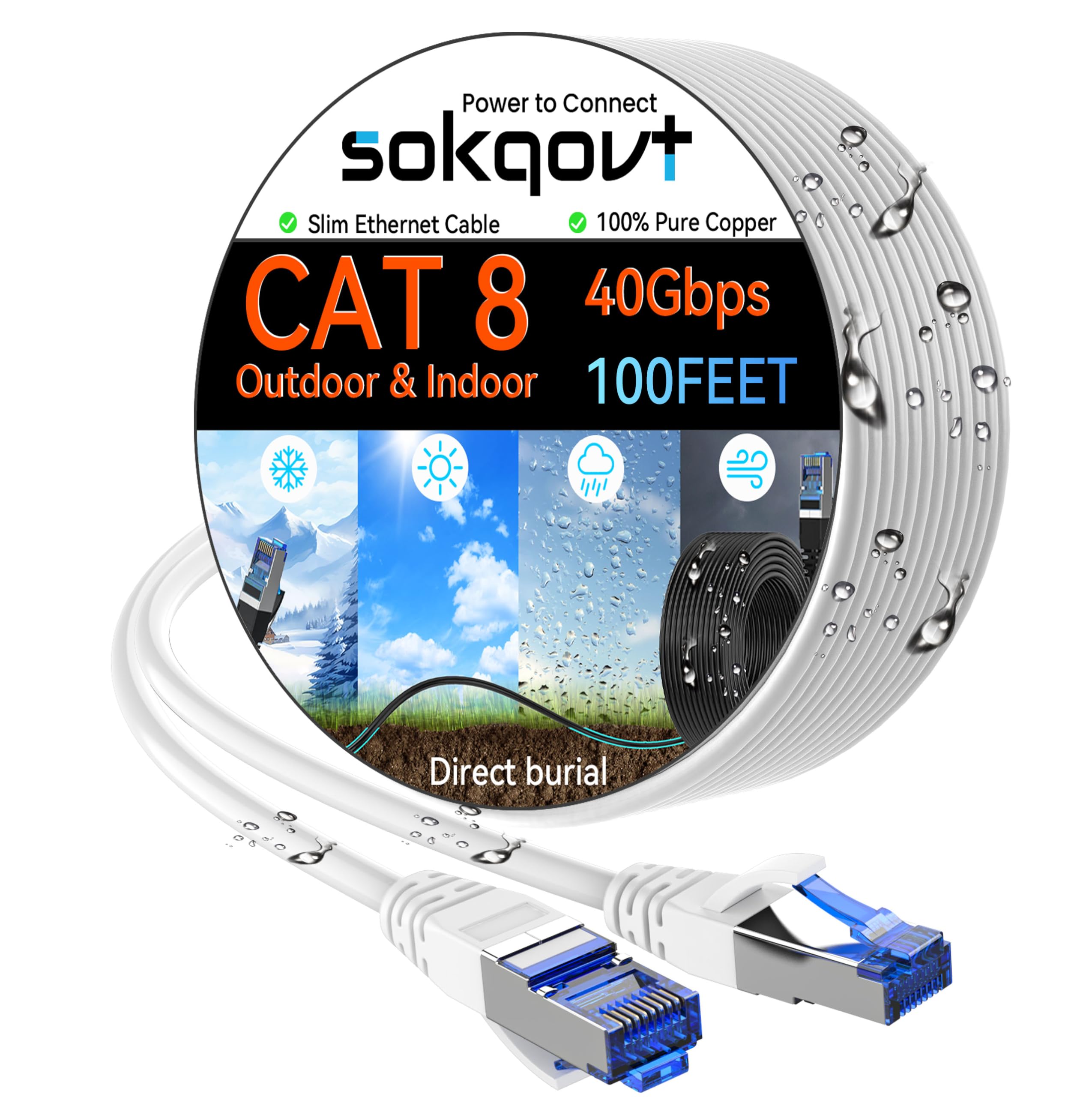 Sokqovt Cat 8 Ethernet Cable Slim 100ft Outdoor&Indoor, Pure Copper Cat8 Internet Cable for Waterproof & Direct Burial, Flexible