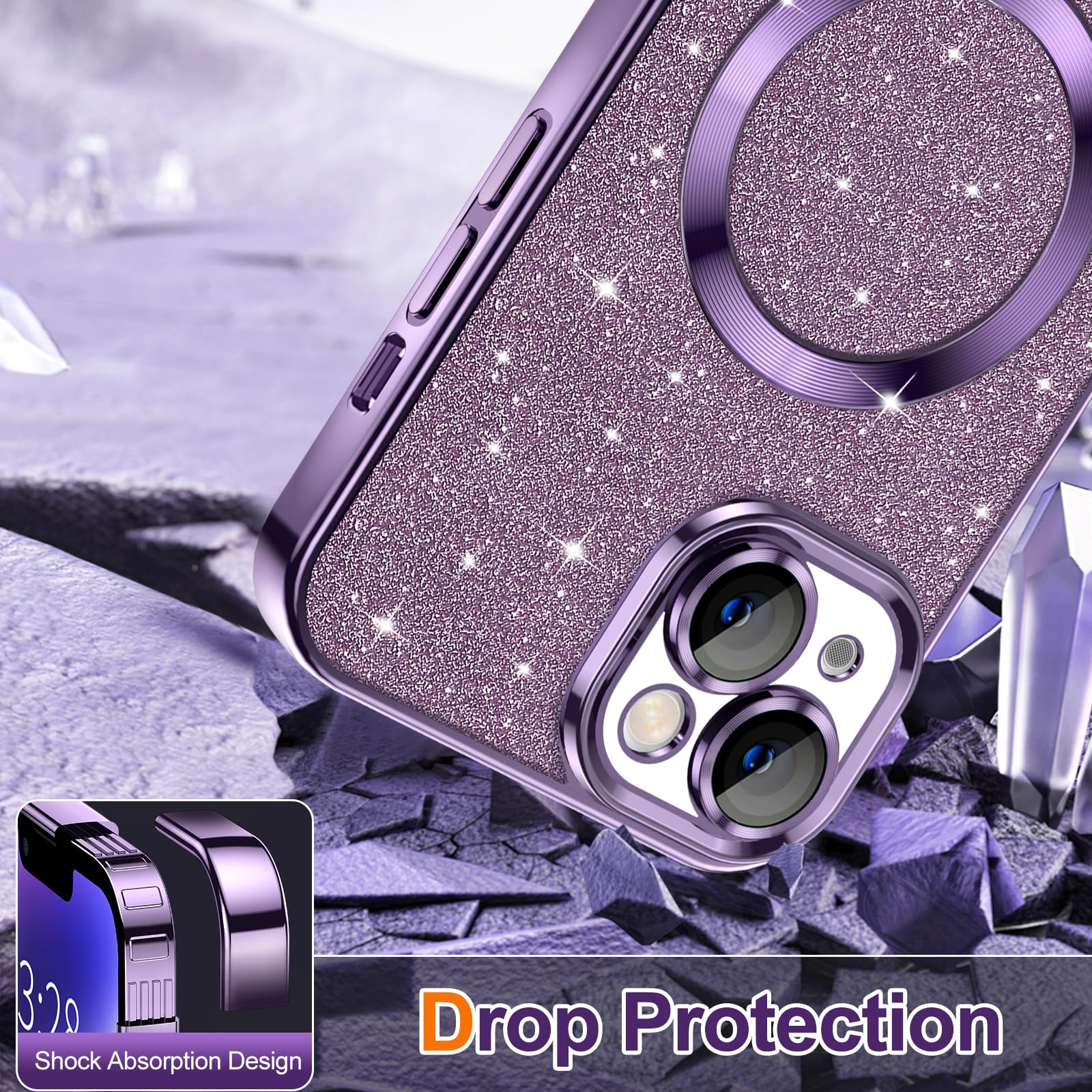 Hython For Iphone 14 Case Glitter, Clear Magnetic Phone Cases With Camera Lens Protector [Compatible With Magsafe] Bling Sparkle