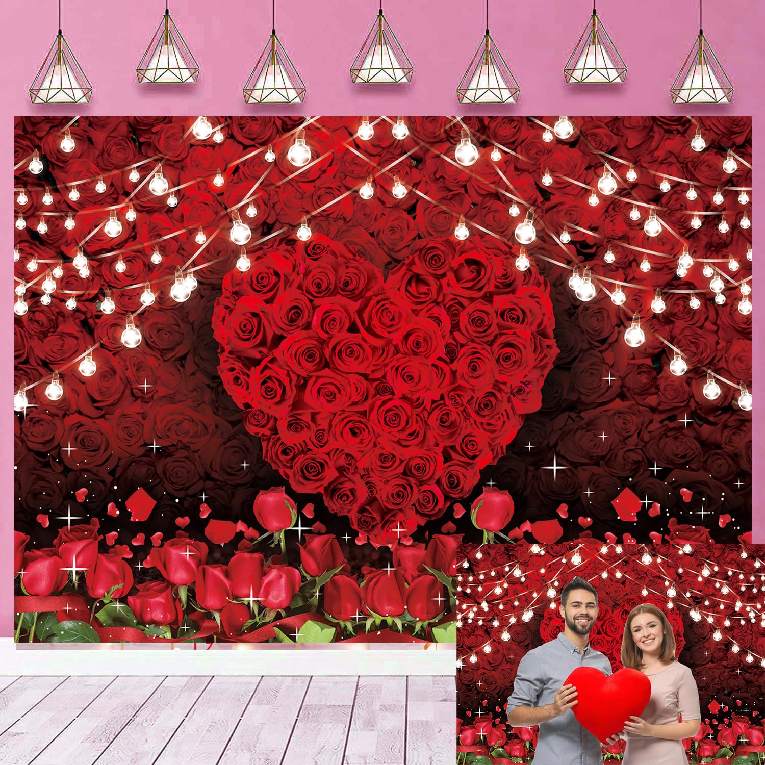 Romantic Red Love Heart Rose Backdrop for Valentines Day Photography Backdrop Wedding Bridal Shower Birthday Party Cake Tables 