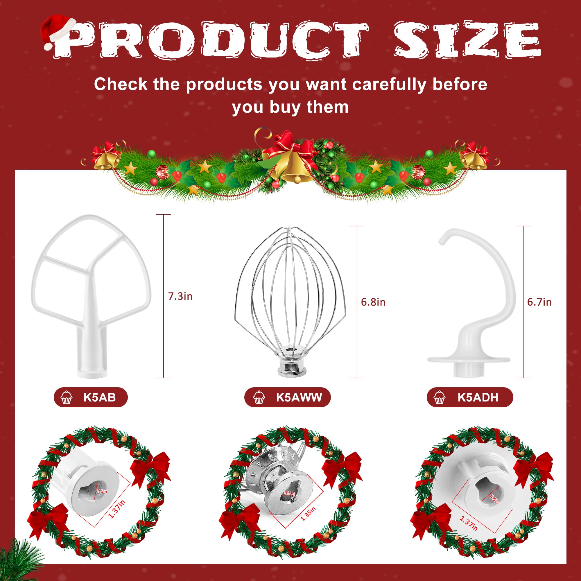 Kithnen Aid Accessories Including K5Adh Coated C Dough Hook&K5Ab Coated Flat Beater&K5Aww Wire Whip 3 Set Compatible For 5 Qt Ti