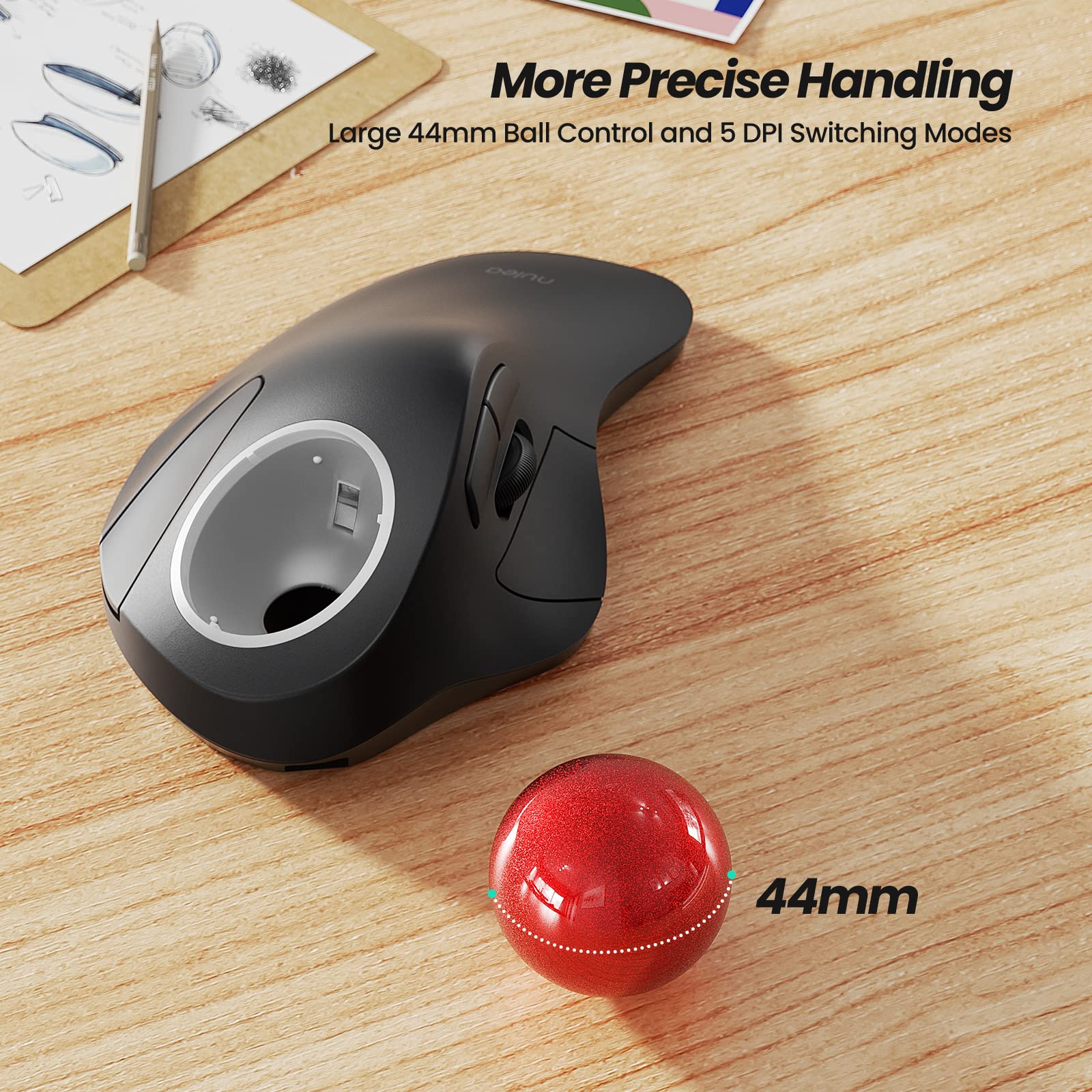 Nulea M505B Wireless Trackball Mouse, Rechargeable Ergonomic Rgb Rollerball Mouse, Easy Index Finger Control With 5 Adjustable D