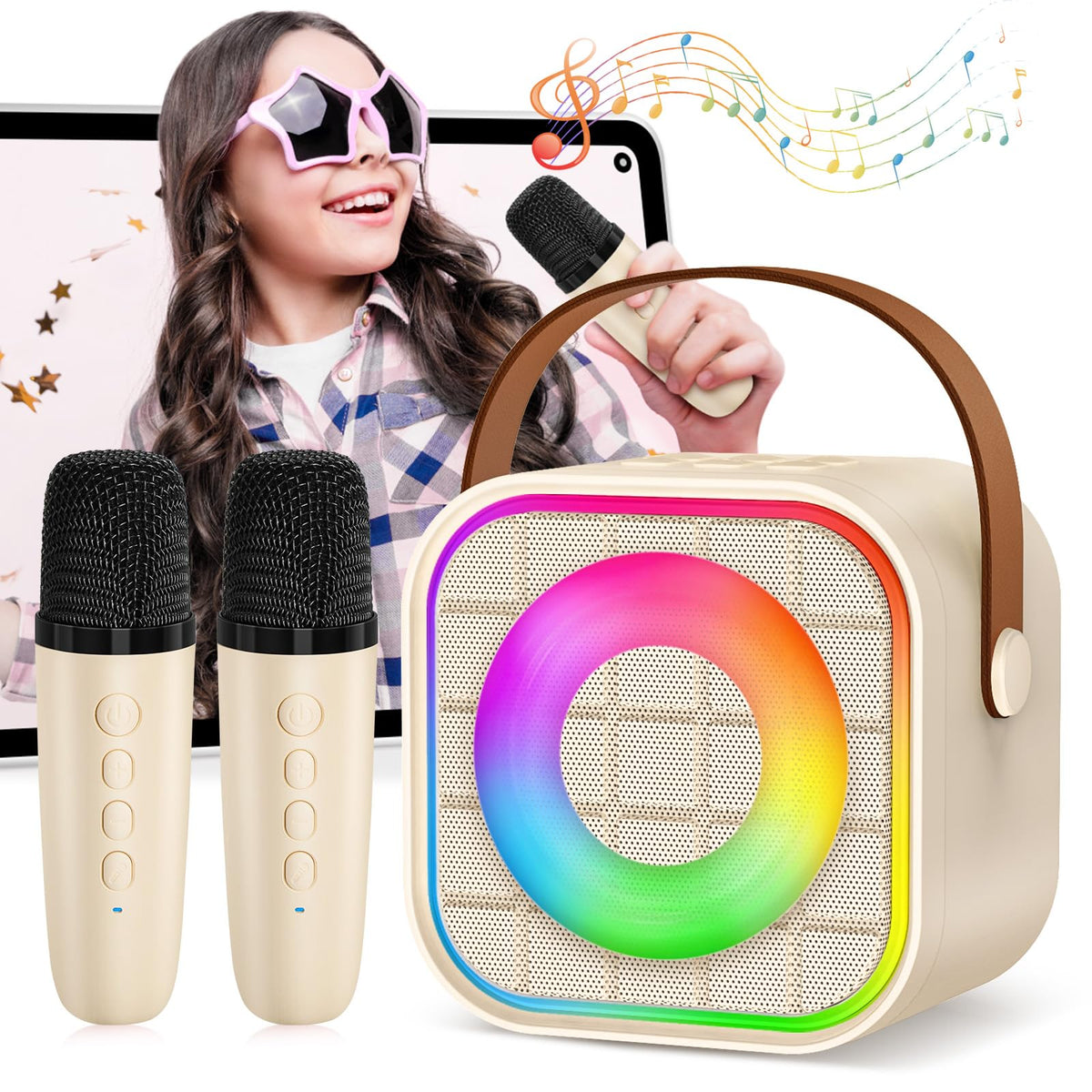 Ylyycc Kids Mini Karaoke Machine With Lights, Portable Bluetooth Speaker With 2 Wireless Microphones, Birthday Toys Gift For Gir