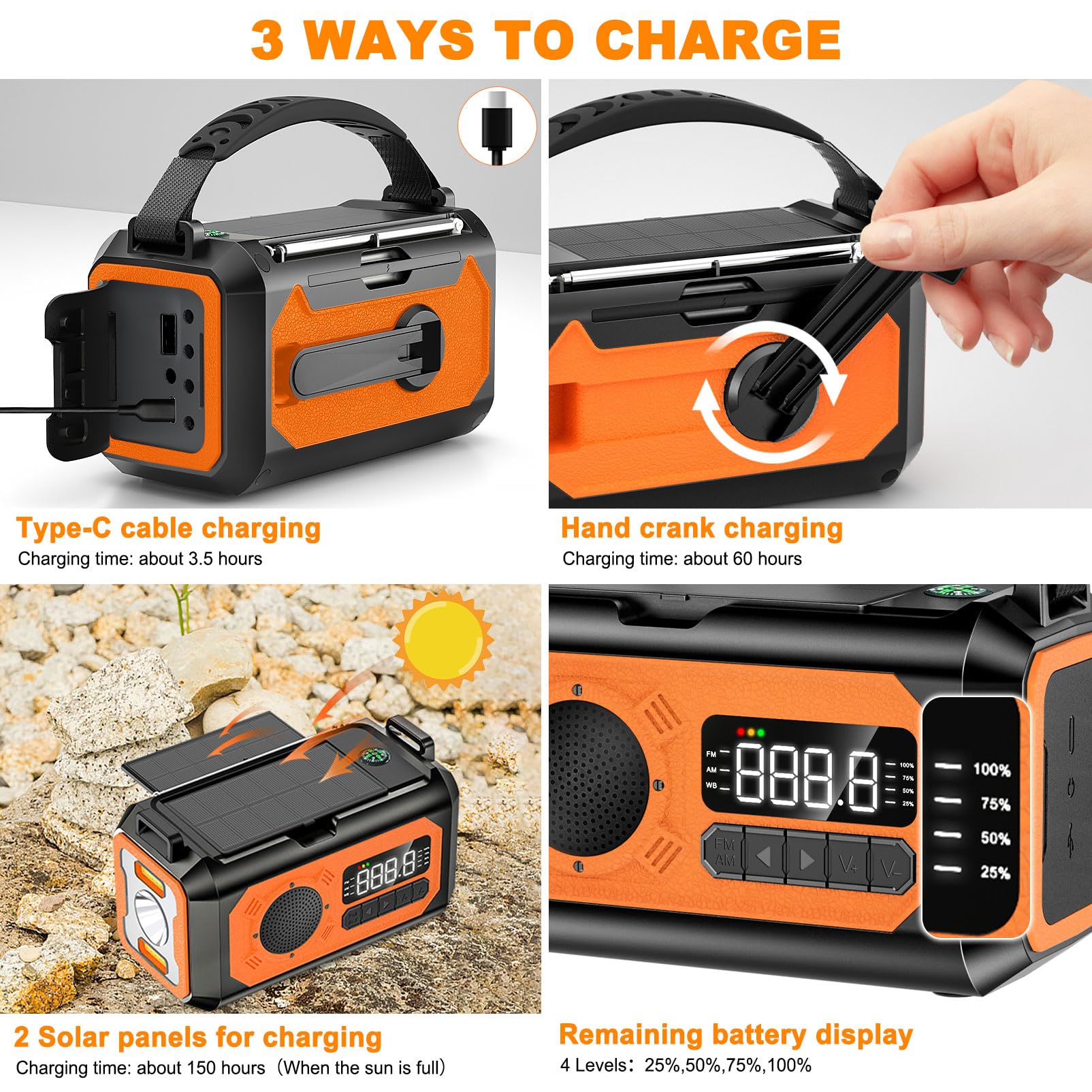 12000Mah Emergency Radio, Hand Crank Radio, Portable Solar Radio Am/Fm/Noaa Weather Radio With 2 Solar Panels,3 Charging Methods