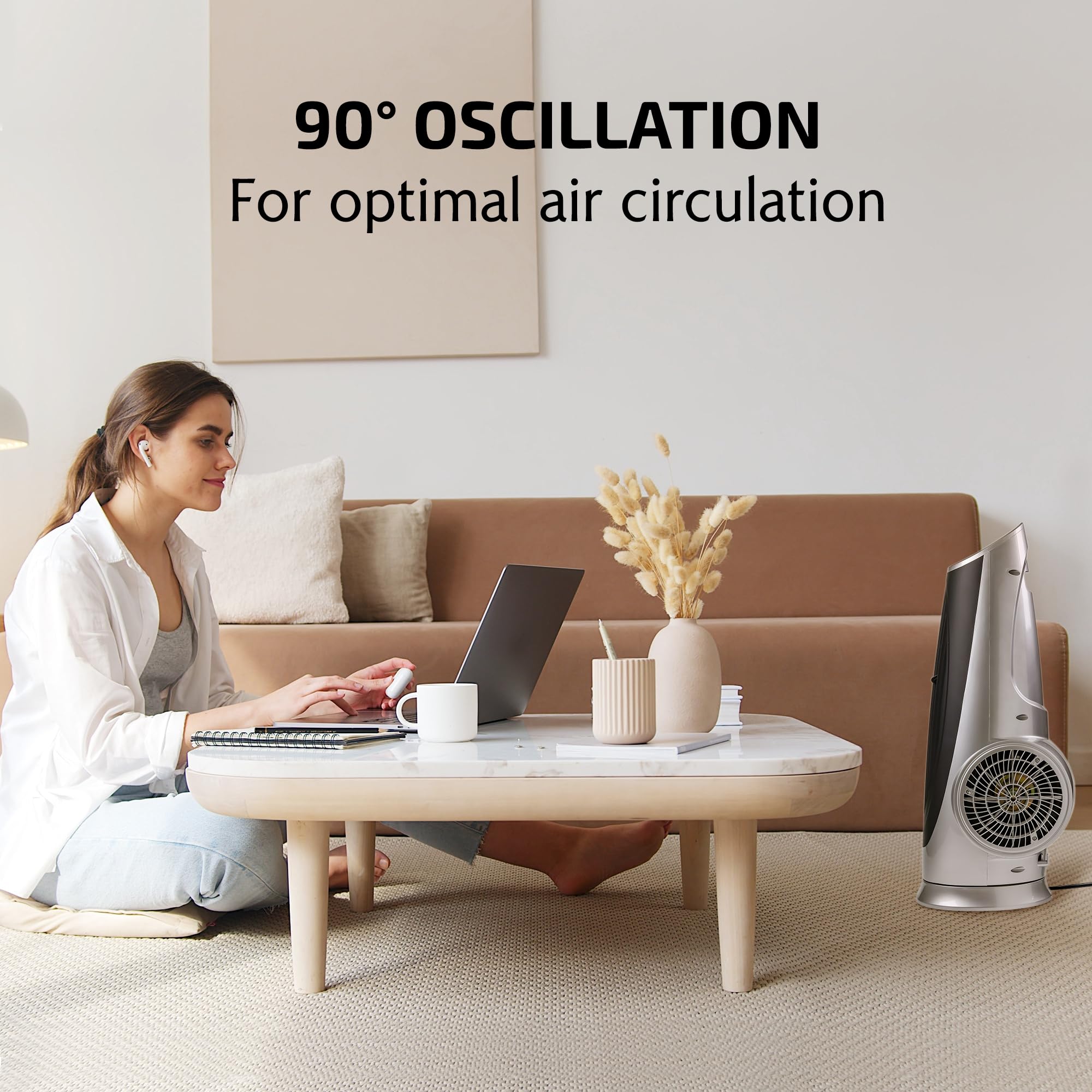 Ovente Oscillating Tower Fan With Remote Control, 3-Speed Lcd Panel & 8H Timer, 30.5 Quiet & Bladeless Indoor Standing Floor Fan