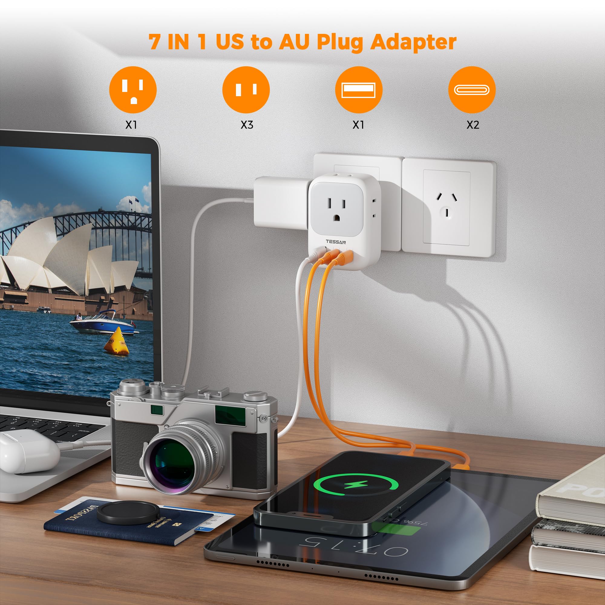 Tessan Australia New Zealand Power Adapter, Type I Plug Adaptor With 4 Electrical Outlets 3 Usb Charger (2 Usb C), Travel Conver