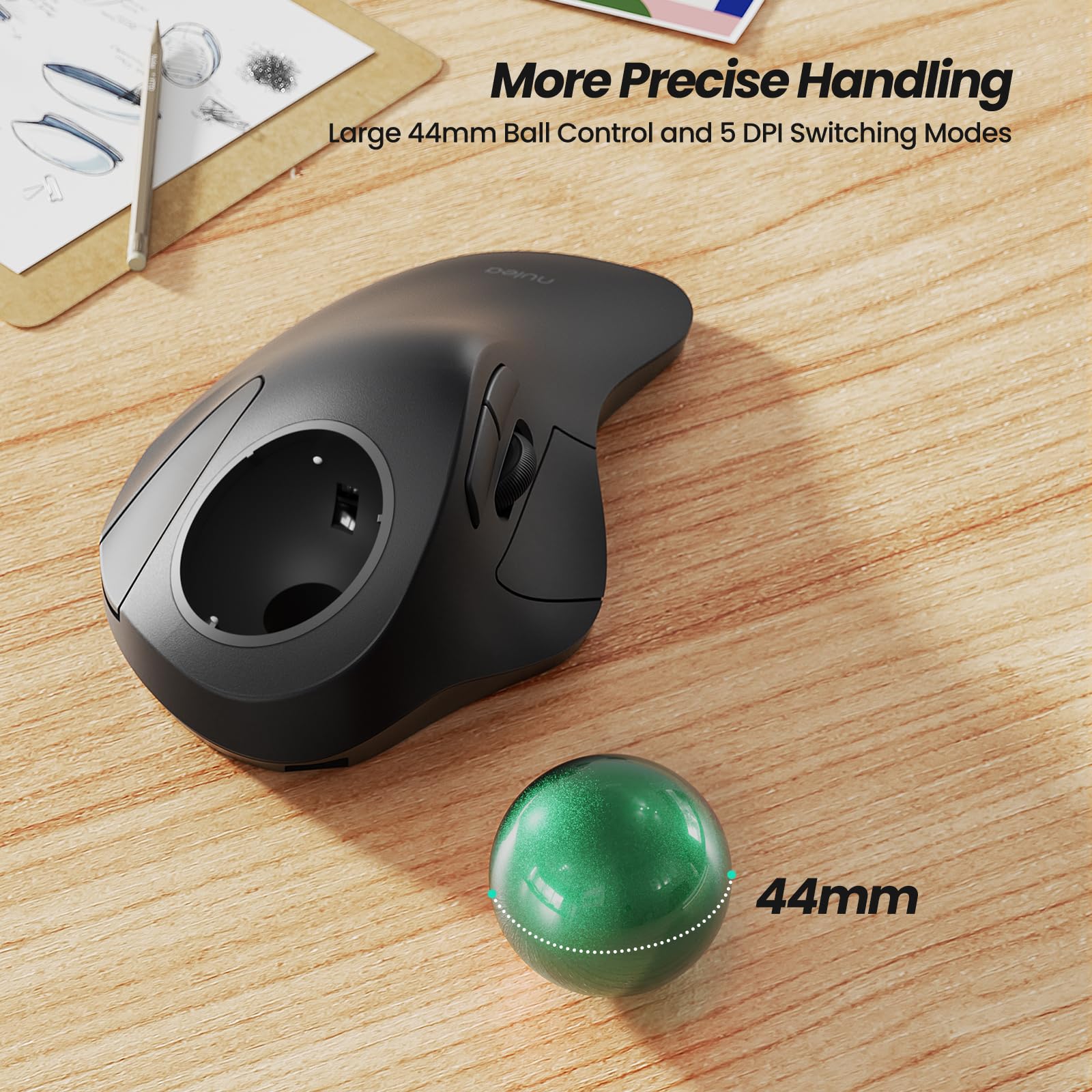 Nulea Wireless Ergonomic Trackball Mouse, Rechargeable, Bluetooth Rollerball Mouse, 44Mm Index Finger Trackball, 5 Adjustable Dp