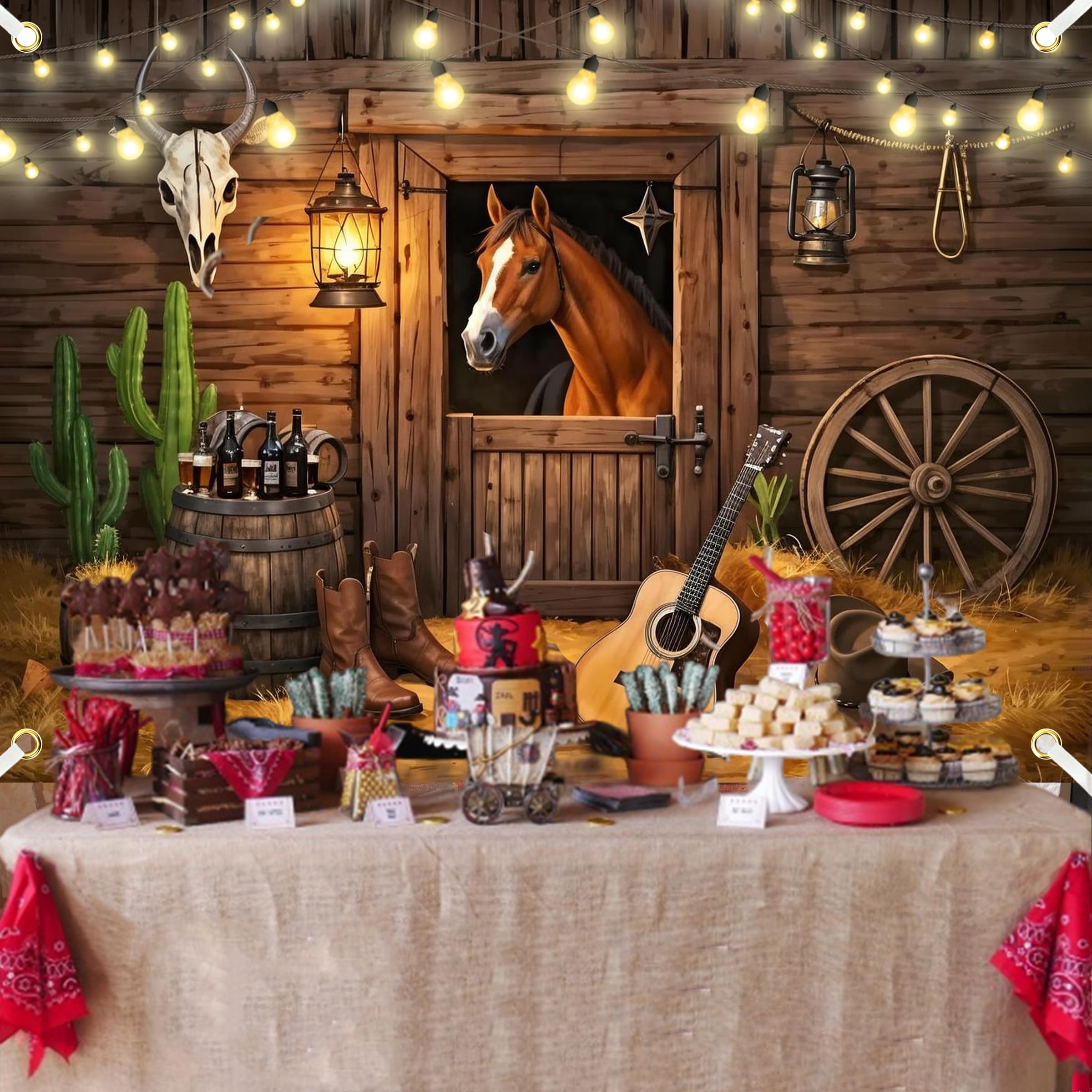Large Western Backdrop For Photoshoot 8X6Ft Cowboy Backdrop Wild West Wooden Barn Horse Photo Background With 19.68Ft Rope And W