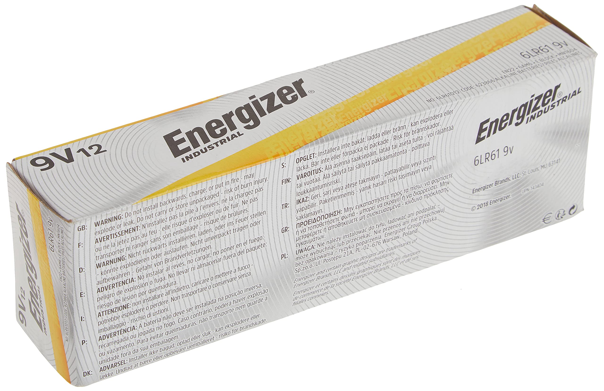 Energizer Industrial 9 Volt Batteries, Alkaline 9V Battery (12 Count)