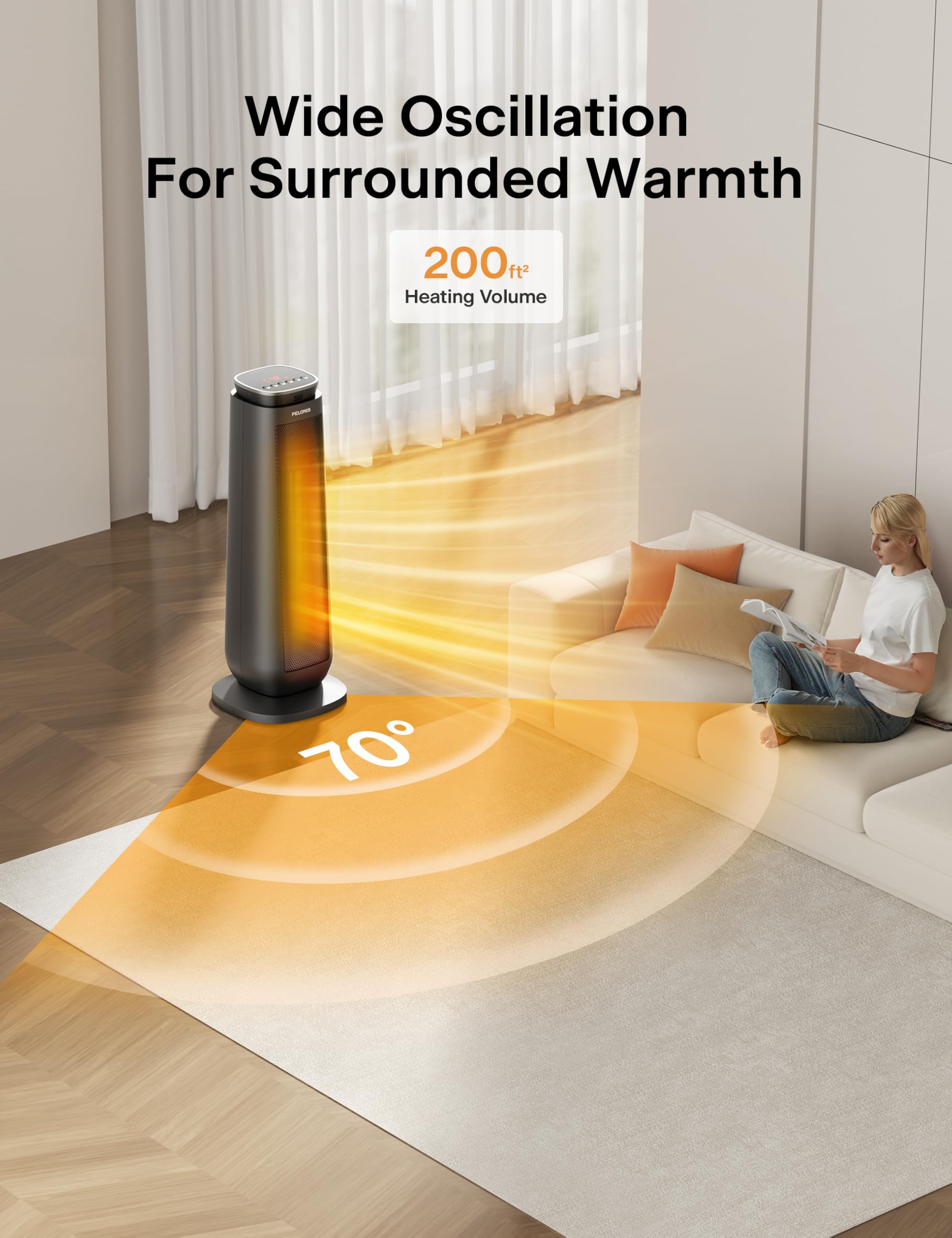 Pelonis Pth15A4Bgb Ceramic Tower 1500W Indoor Space Heater With Oscillation, Remote Control, Programmable Thermostat & 8H Timer,