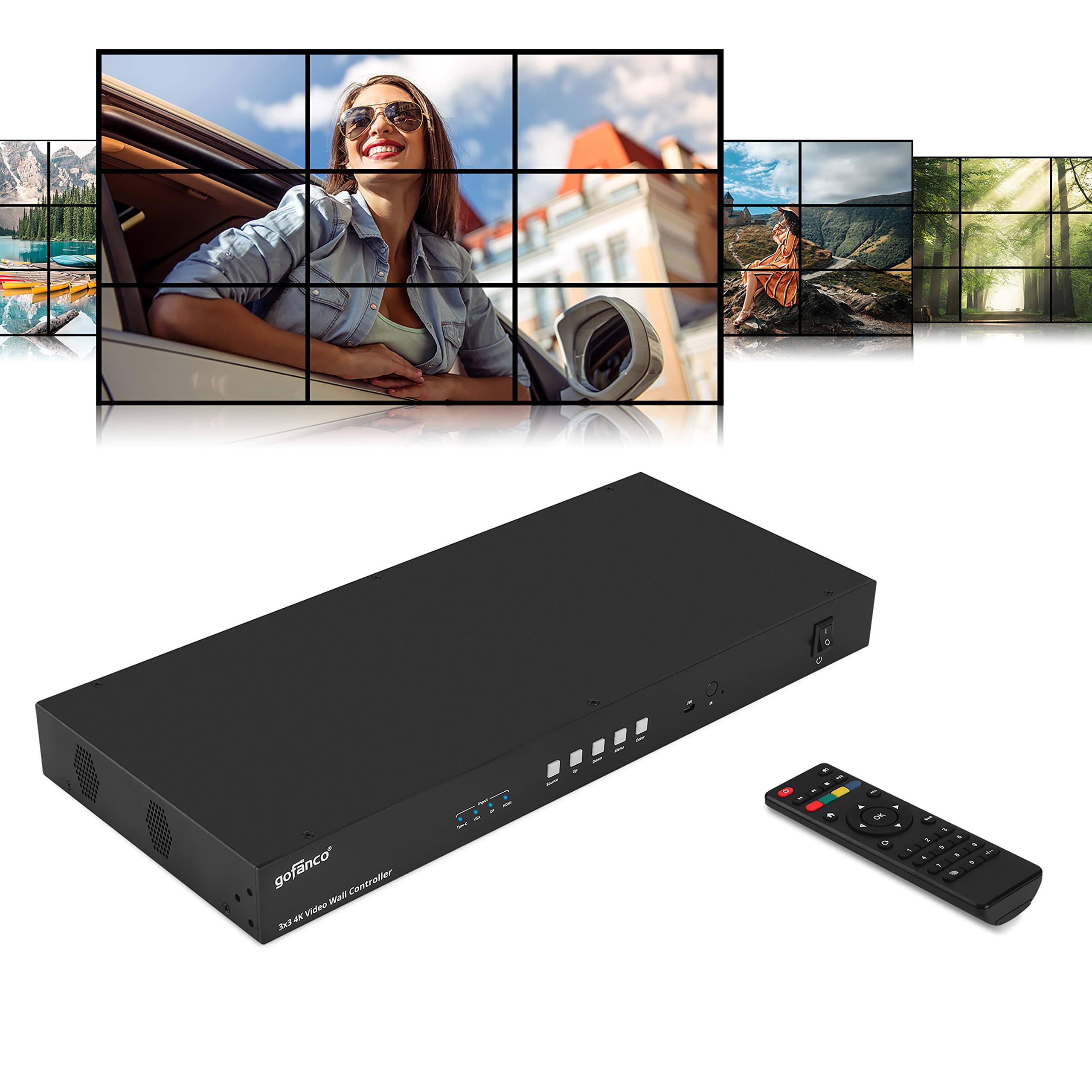 gofanco 4K 3x3 Video Wall Controller and Processor - up to 4K 30Hz, Inputs (USB-C, VGA, DP, HDMI) - 180 Rotate, Edge Correction,