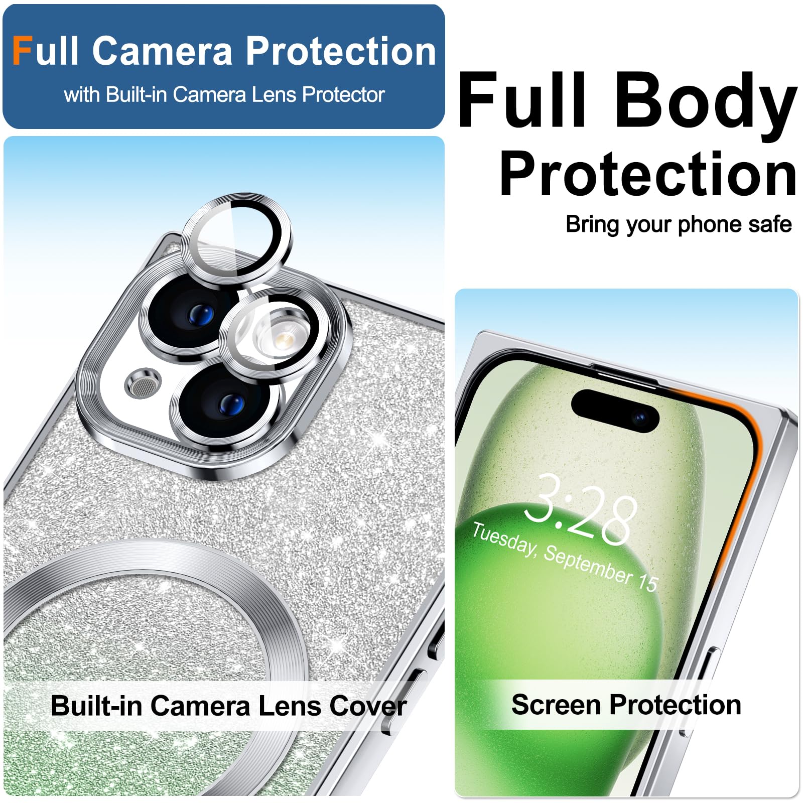Hython For Iphone 15 Case Clear Magnetic Glitter Phone Cases [Compatible With Magsafe] Full Camera Lens Protector Gradient Spark